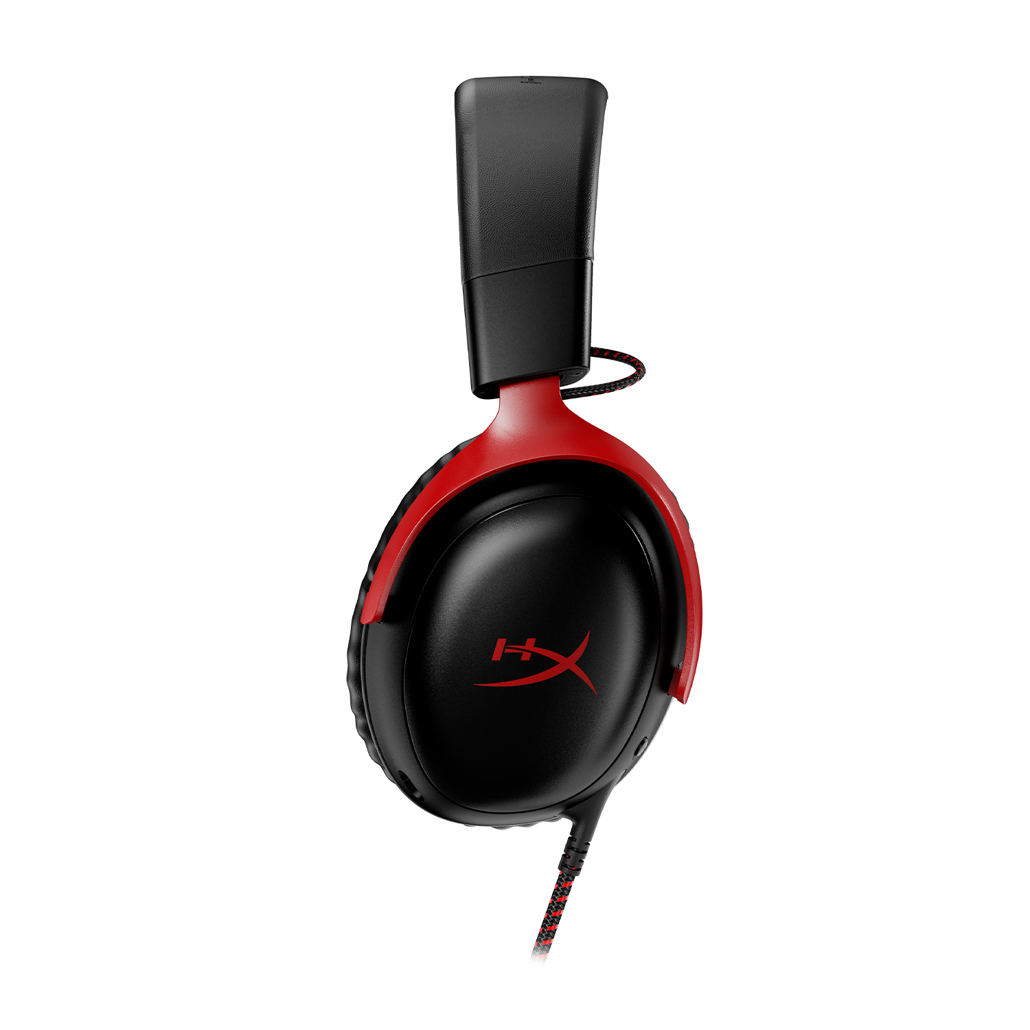 Cuffie da gaming nere e rosse. Logo HyperX sul padiglione auricolare. Appese su sfondo bianco.