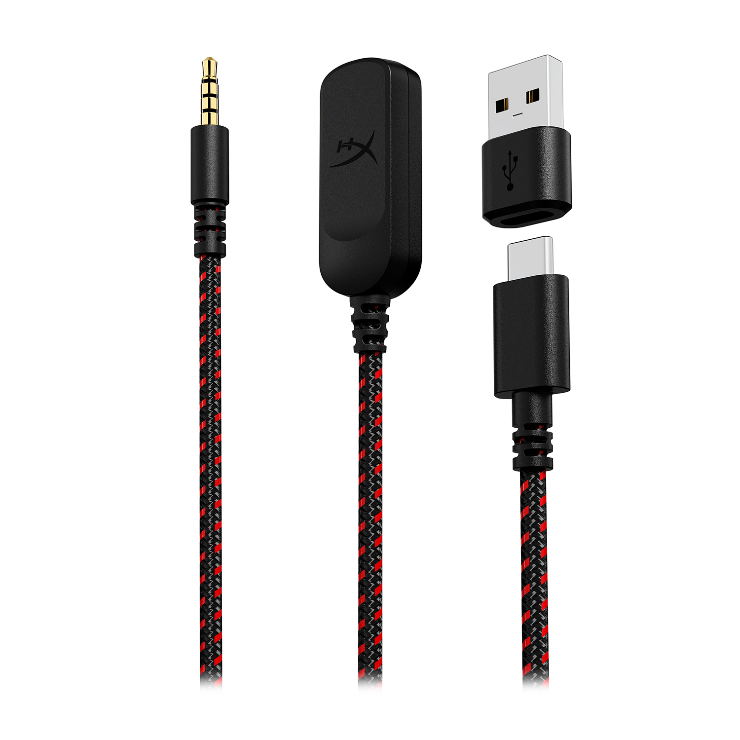 Tre cavi: un jack per cuffie, una scatola di controllo nera e un connettore USB.