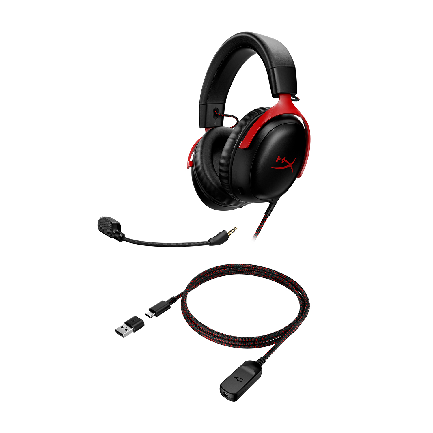 Cuffie da gioco nere e rosse con microfono rimovibile e cavi.