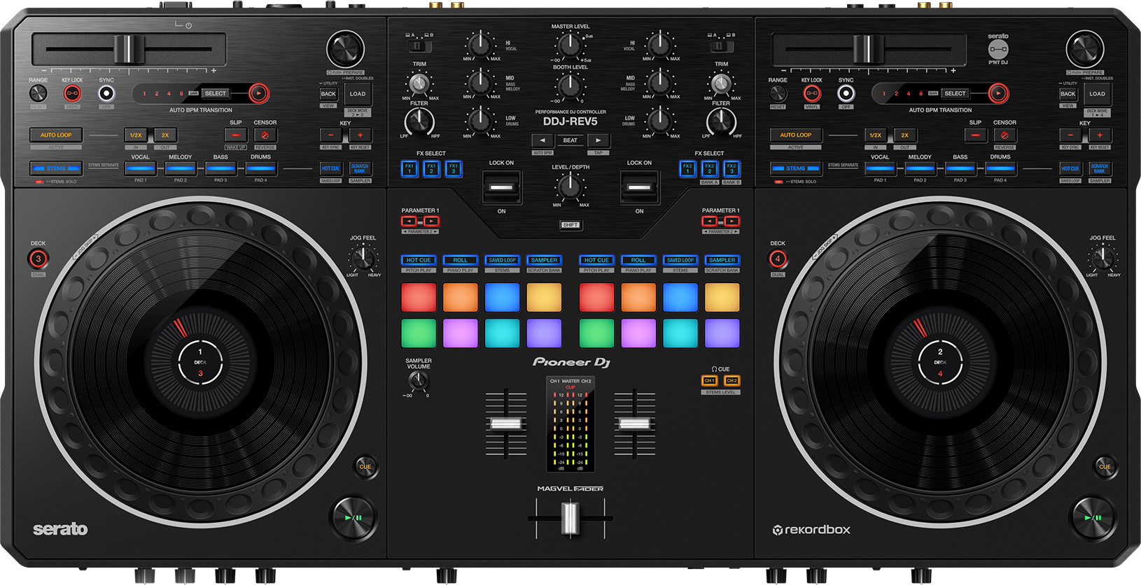 DJ-Controller mit schwarzer Oberfläche, mit zwei Plattenspielern, zahlreichen Knöpfen, Tasten und einem zentralen Mixer.
