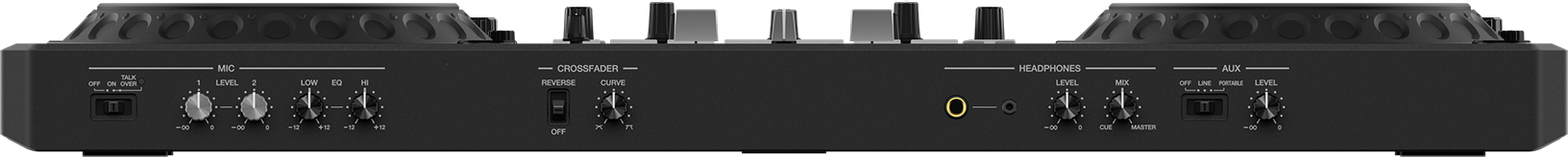 DJ-Controller, schwarz, Rückansicht. Zeigt Anschlüsse, Knöpfe und Bedienelemente für Audioeingang/ausgang.
