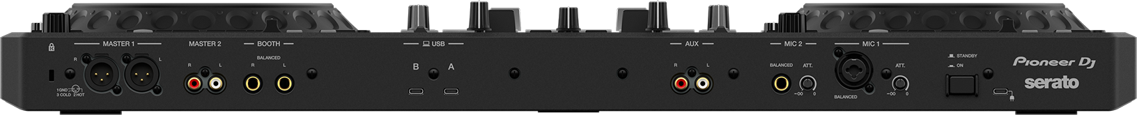 Rückseite eines Pioneer DJ-Mischpults mit verschiedenen Eingangs- und Ausgangsanschlüssen, schwarz.