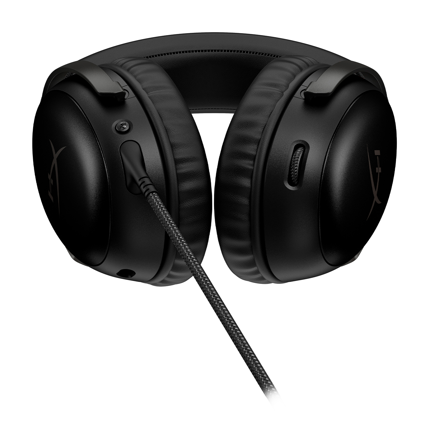 Cuffie over-ear nere con un cavo intrecciato. Dispone di archetto regolabile e controlli sui padiglioni auricolari.