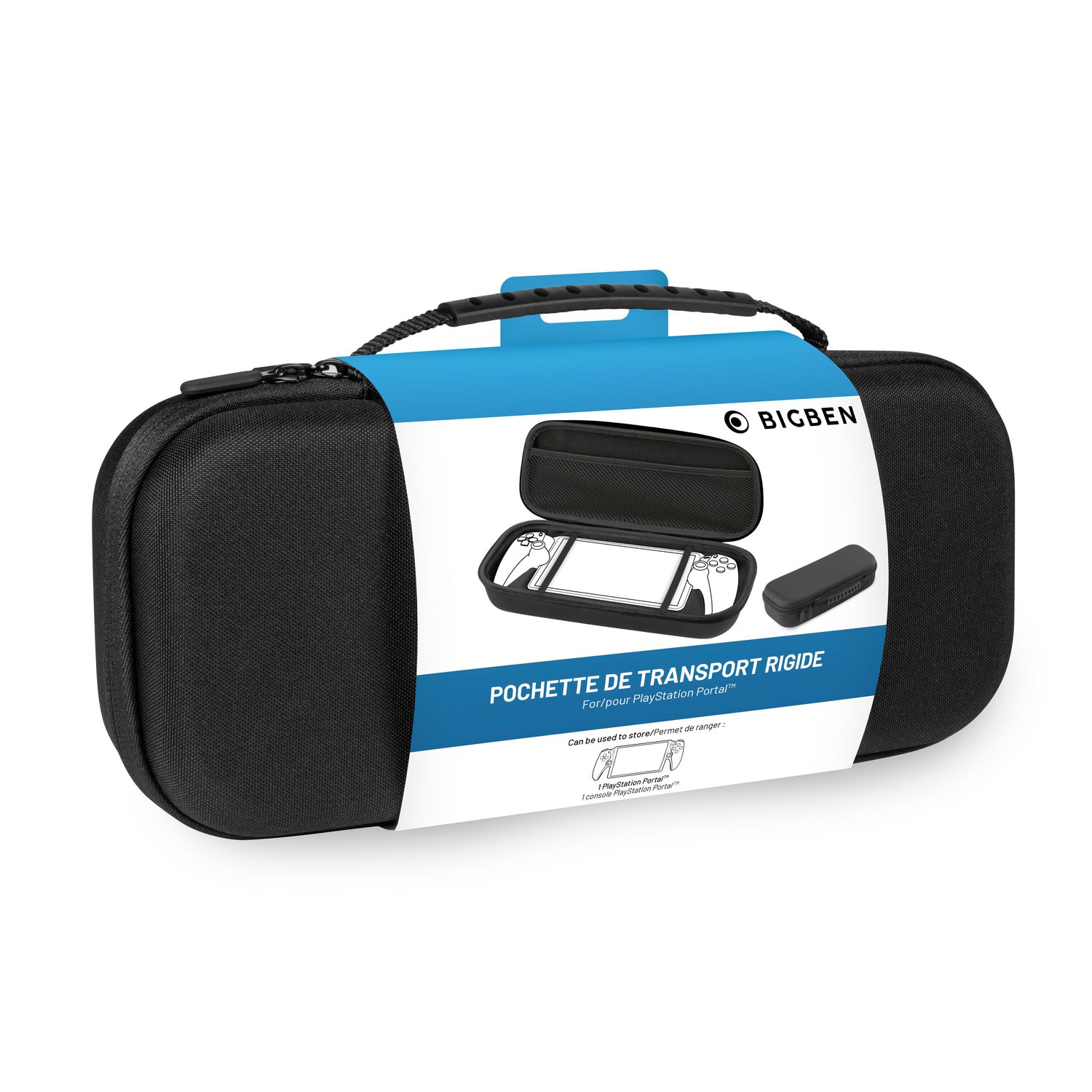 A black carrying case for a Playstation Portal, with the Portal and accessories inside.
