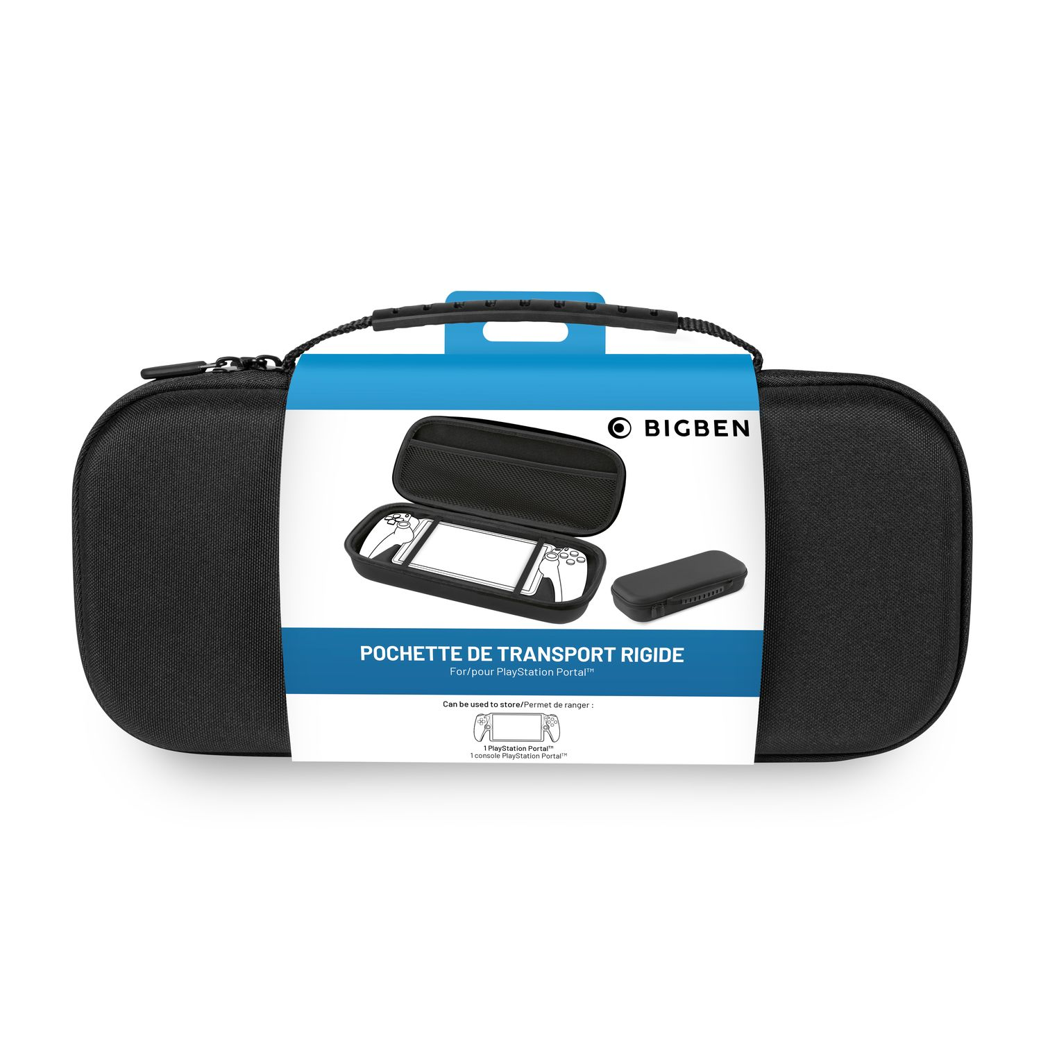 Black carrying case for a device, open to show the device and accessories. The case has a handle.