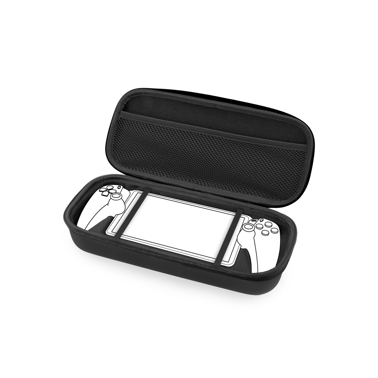 Black open case with a white game console sketch. The case has a mesh pocket.