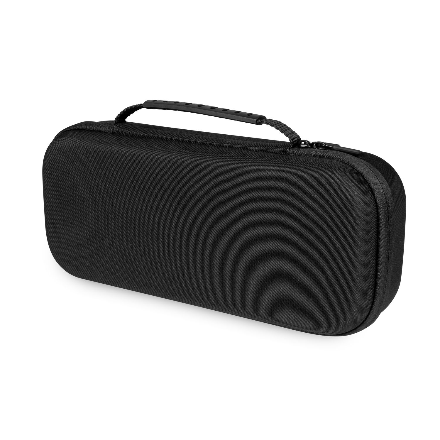 Black carrying case with a handle and a zipper. The case is rectangular in shape.