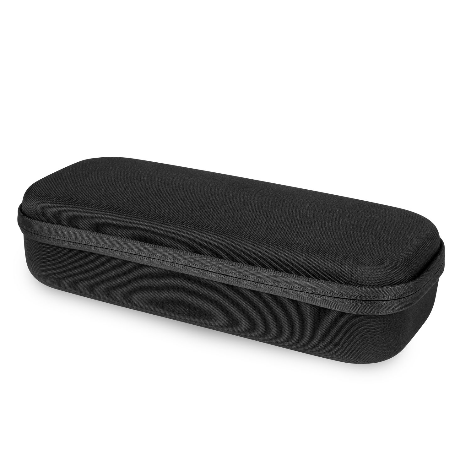 A black zippered case, rectangular, with a smooth texture. It is closed and sits on a white surface.