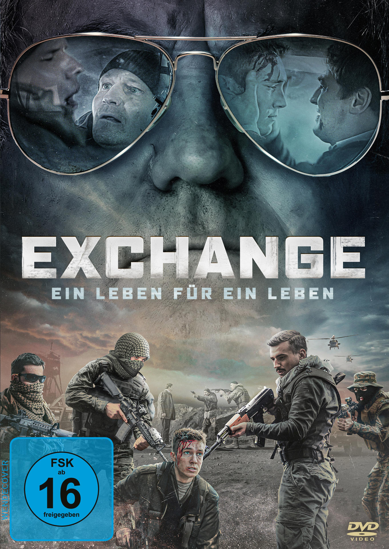 Filmplakat 'Exchange' mit Schauspielern und Militärfiguren.