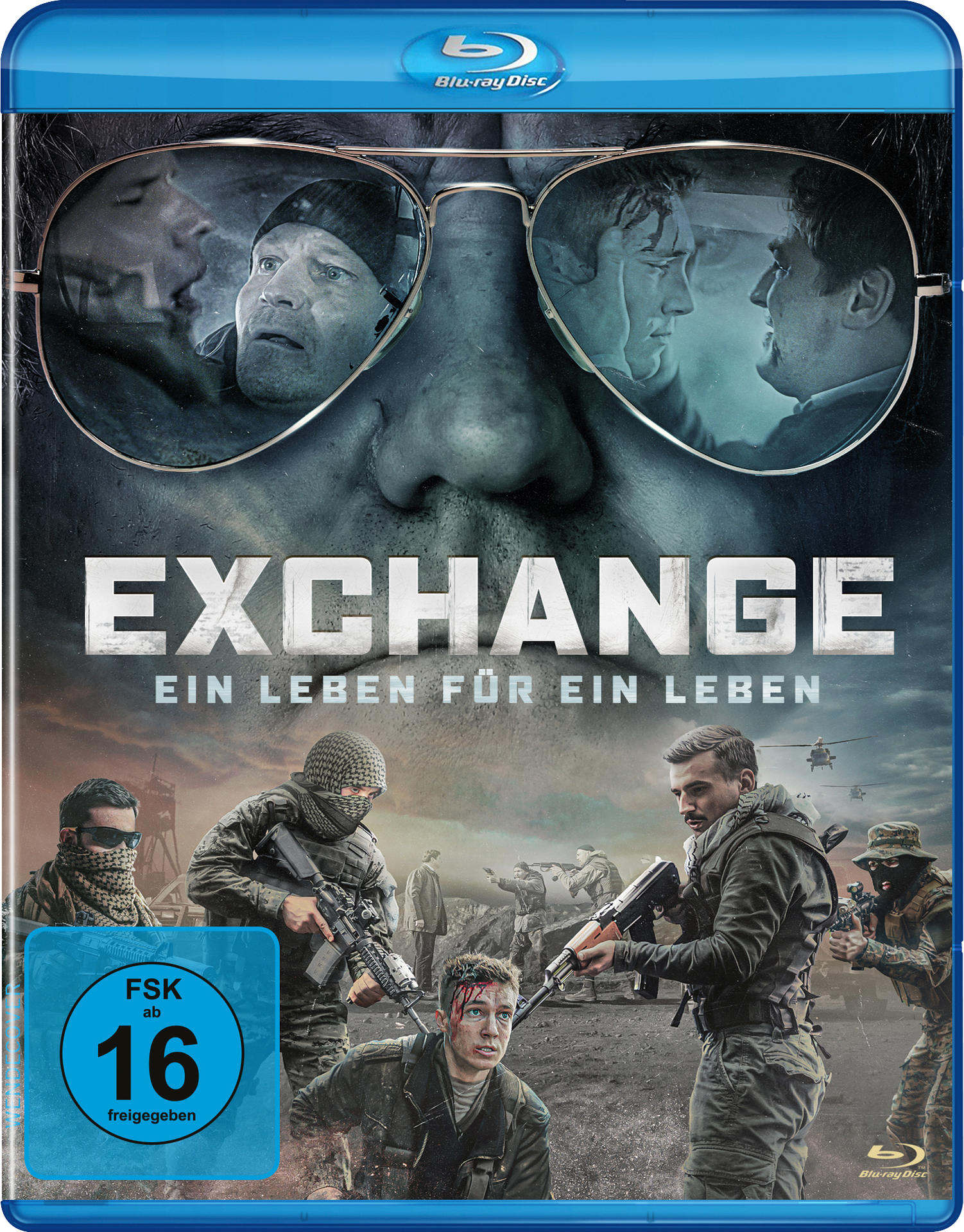 Blu-ray-Cover für 'Exchange' mit einem Manns Gesicht hinter Brille und Soldaten in Aktion.
