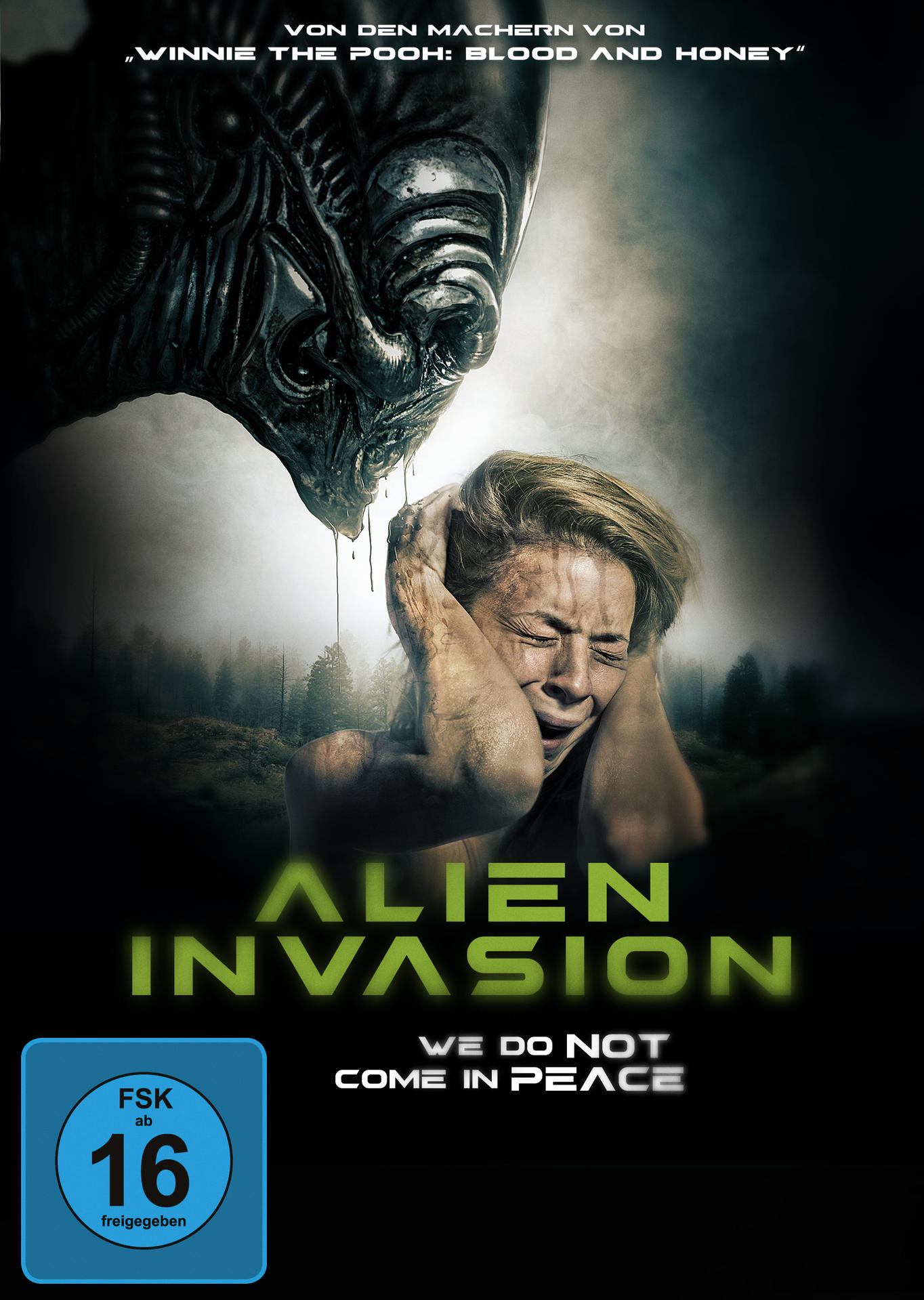 Alien Invasion Filmplakat. Eine Frau schreit, Alienkopf oben.