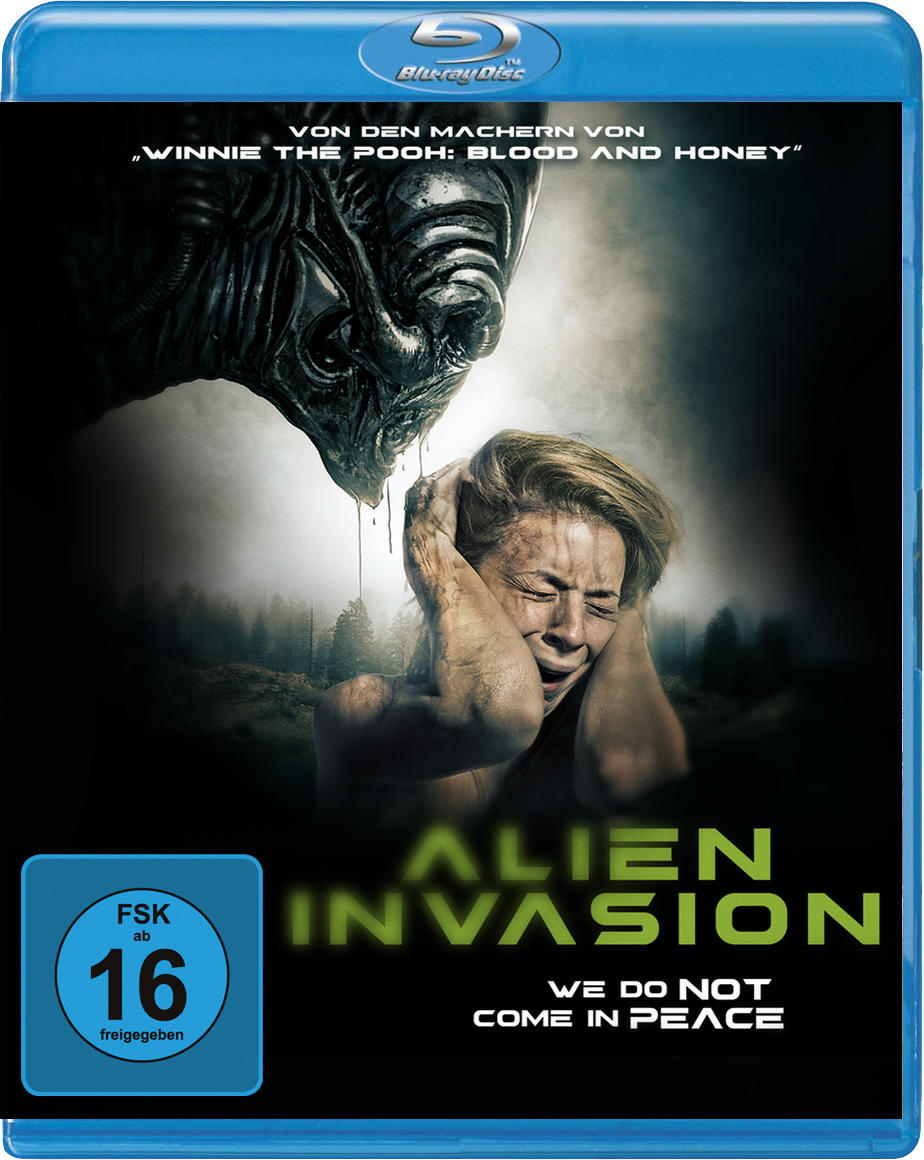 Alien Invasion Blu-ray Cover. Eine Frau hat Angst. Der Alien ist groß und dunkel.