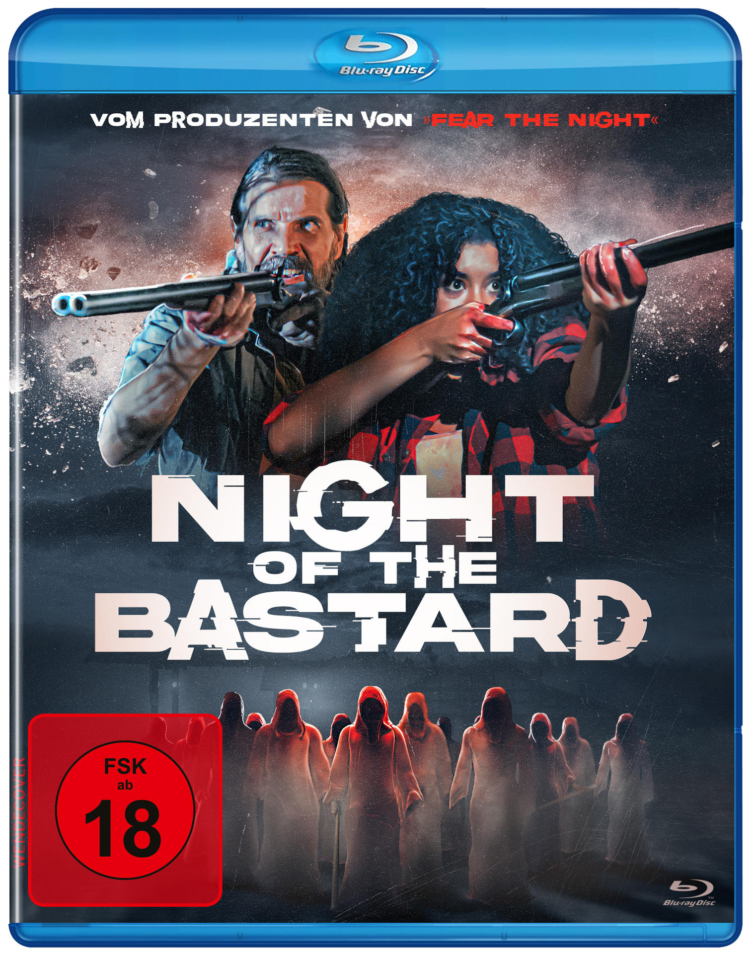 Night of the Bastard Blu-ray Cover. Zwei Personen halten Waffen. Es gibt Kapuzenfiguren.