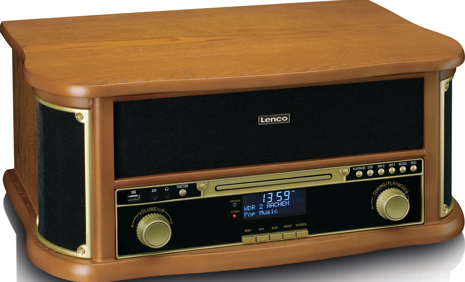 Musikplayer im Holz-Retro-Stil. Er hat einen schwarzen Lautsprecherbereich, ein Bedienfeld und einen LCD-Bildschirm.