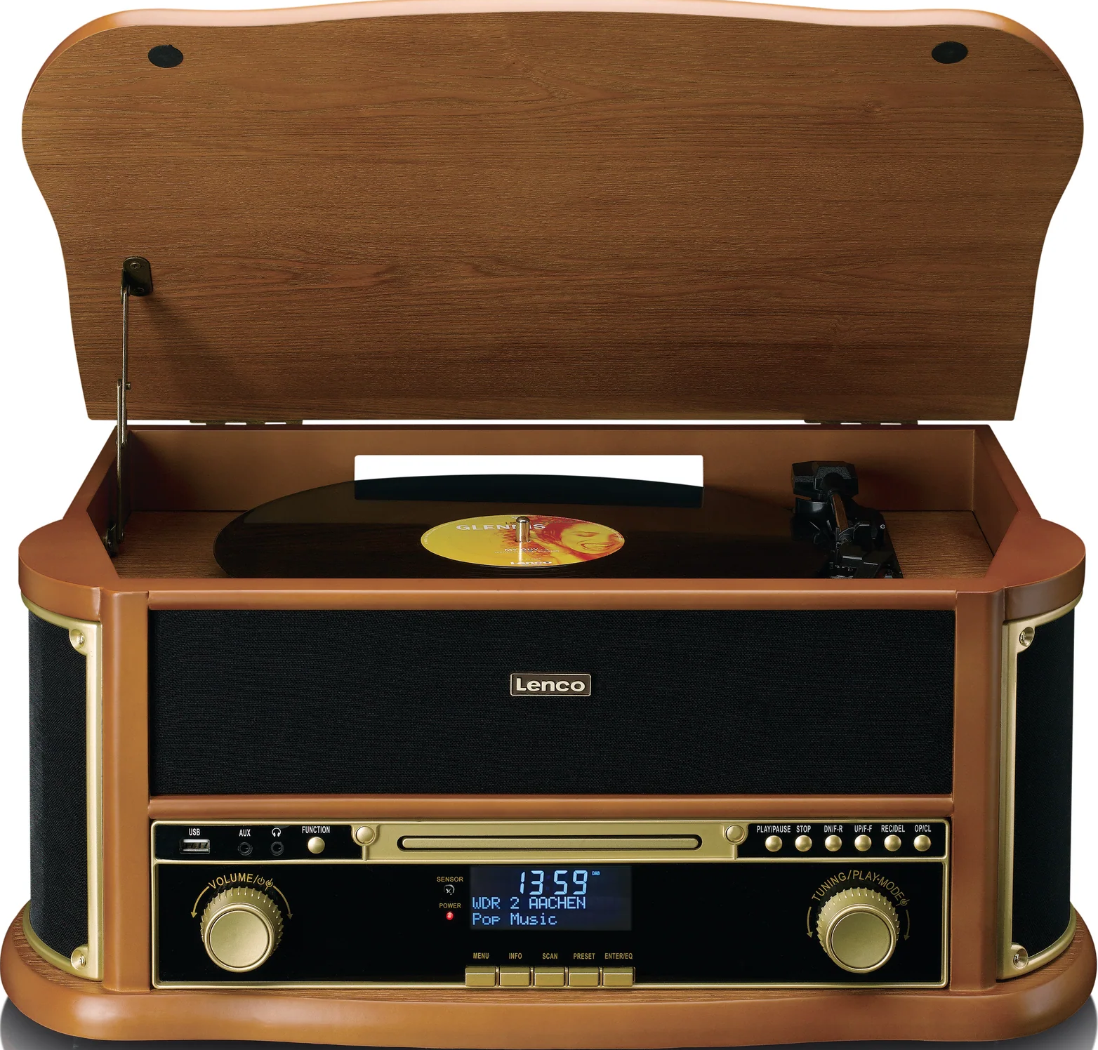 Ein Vintage-Holzradio mit einer Schallplatte darauf.