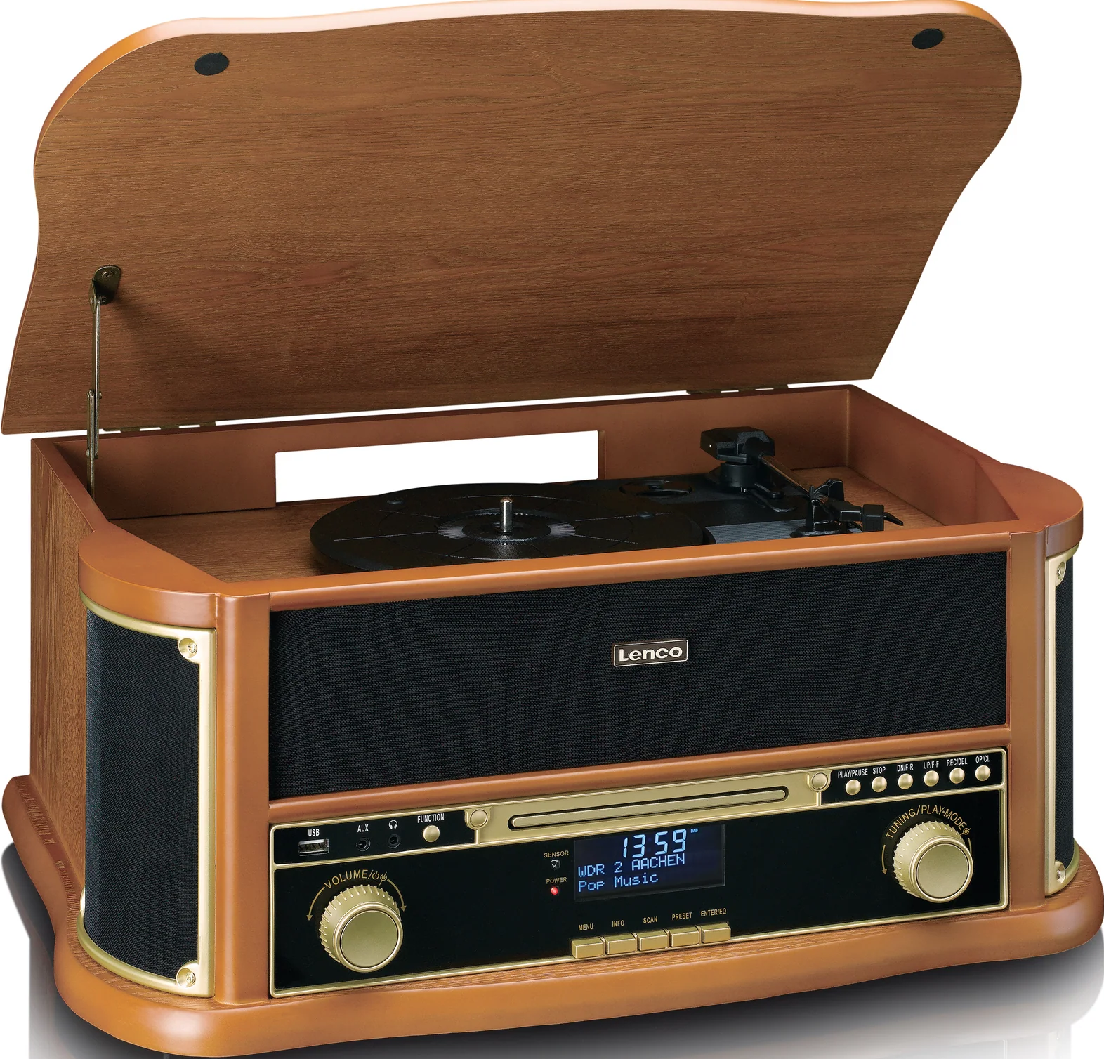 Holzstereoanlage mit CD-Player, Radio und Plattenspieler. Bedienelemente und Display sind sichtbar.