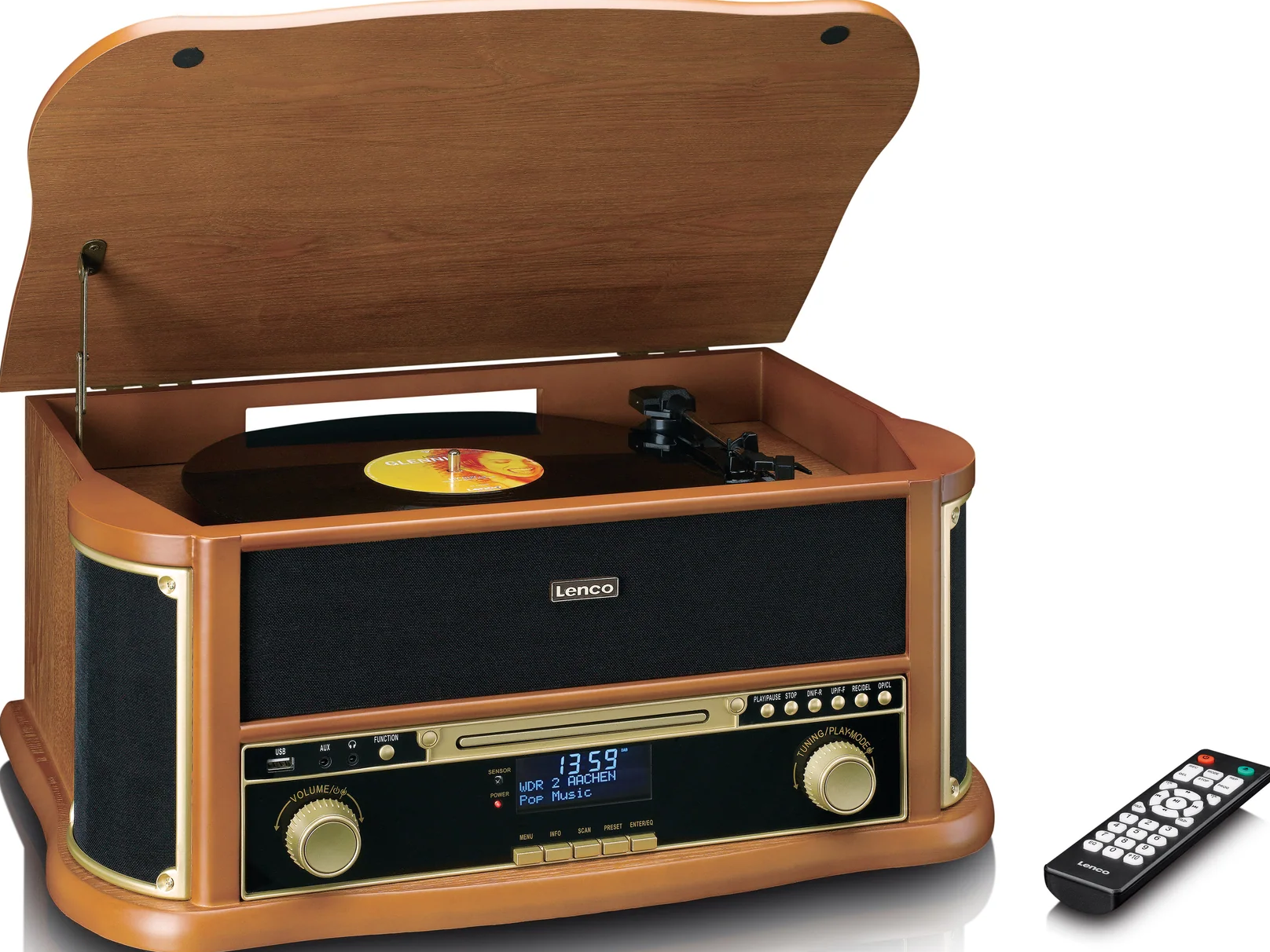 Ein Retro-Radio aus Holz mit einer Schallplatte und einer Fernbedienung.