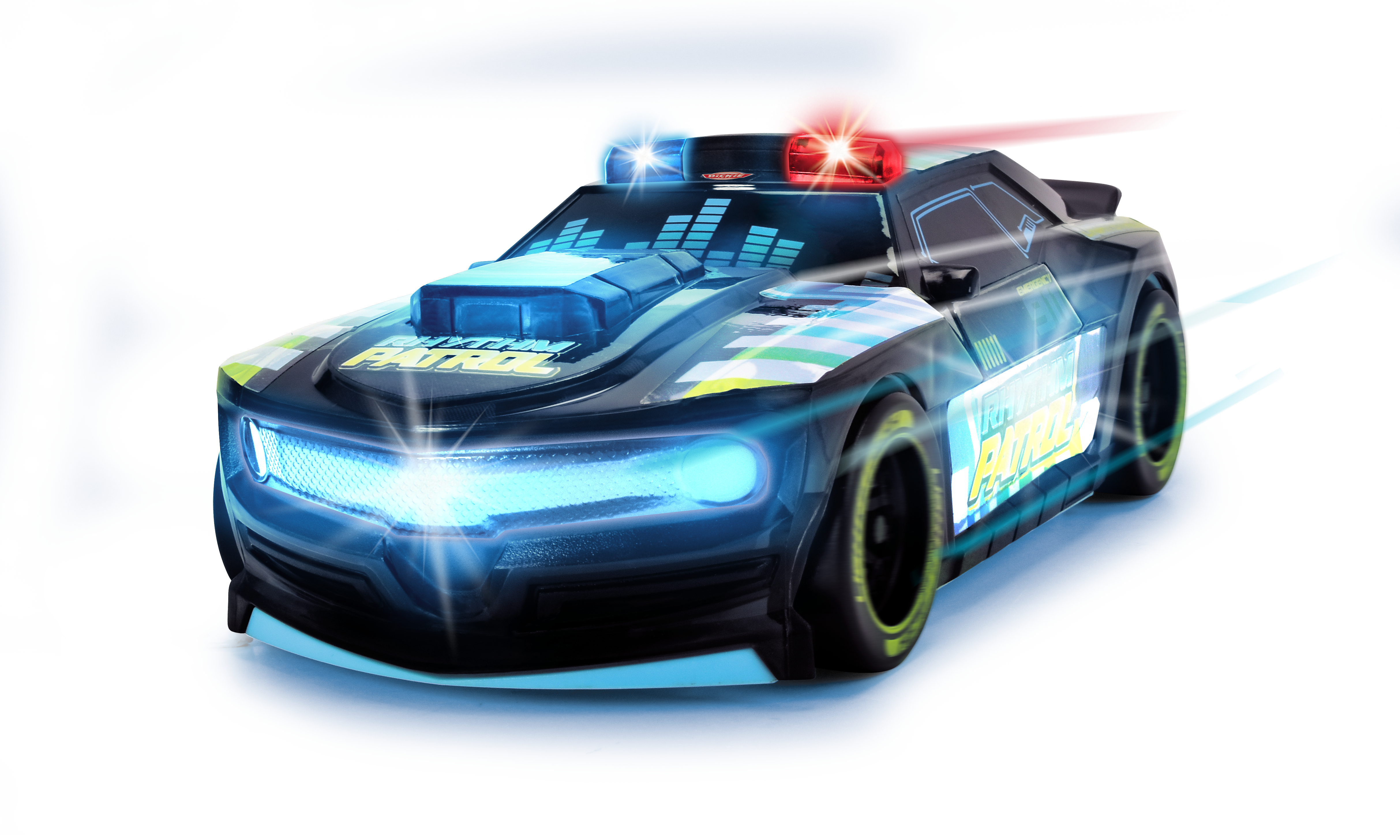 Spielzeug-Polizeiauto mit Blinklichtern. Blaue und rote Lichter sind an. Das Auto hat futuristisches Design.