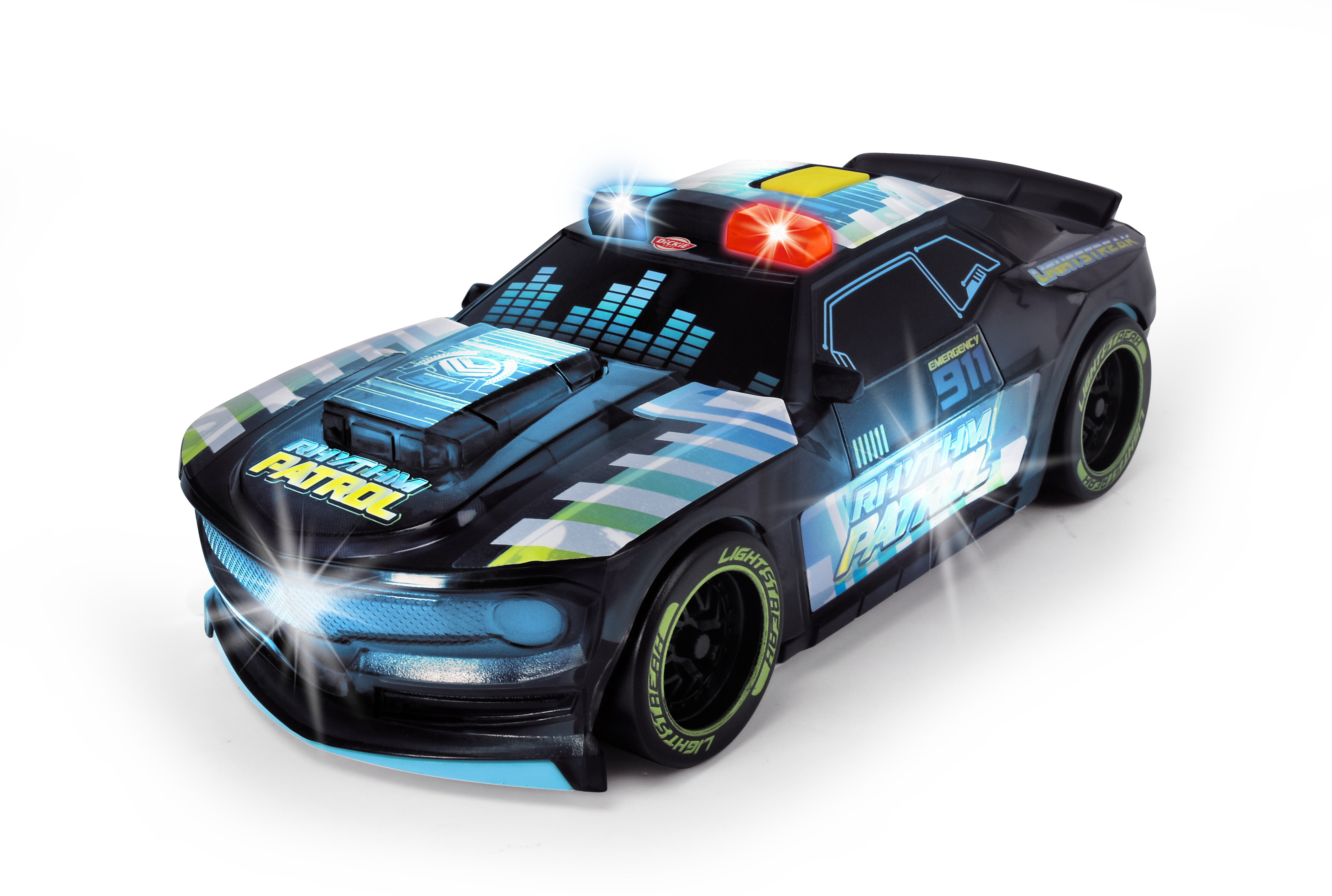 Ein schwarzes Spielzeug-Polizeiauto mit blauen und weißen Akzenten. Es hat Blinklichter und 'Rhythm Patrol'.