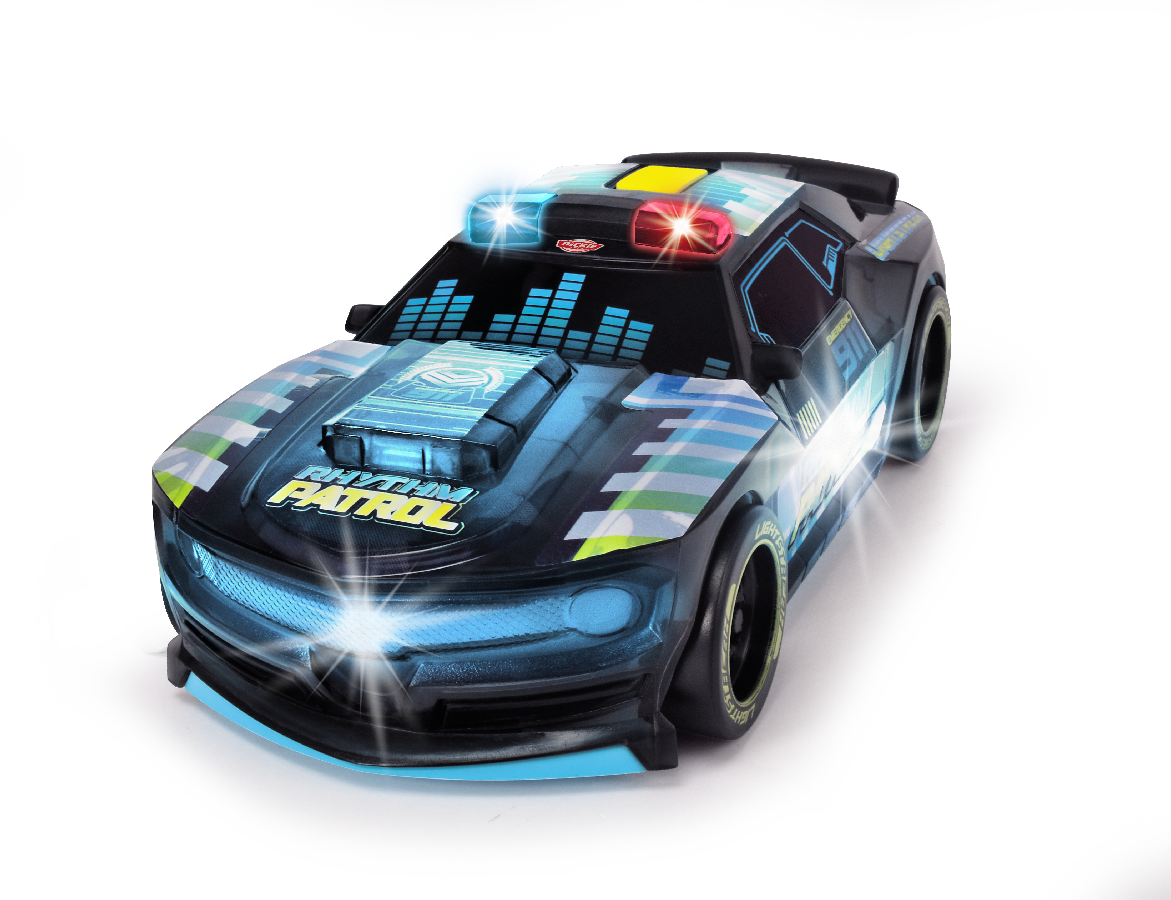 Ein Spielzeug-Polizeiauto mit blinkenden Lichtern auf weißem Hintergrund, mit dem Schriftzug Rhythm Patrol.