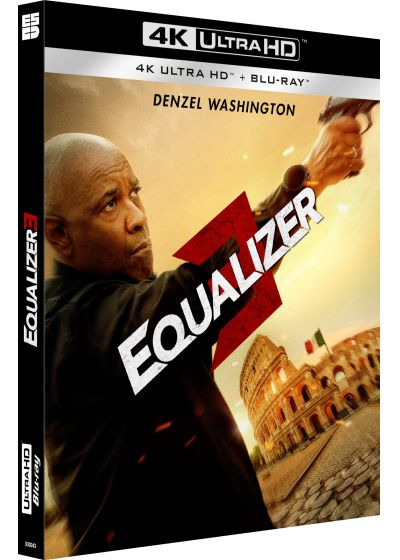 Equalizer 3 Blu-ray-hoes. Denzel Washington met een pistool, tegen een Romeinse achtergrond. Titel: EQUALIZER 3.