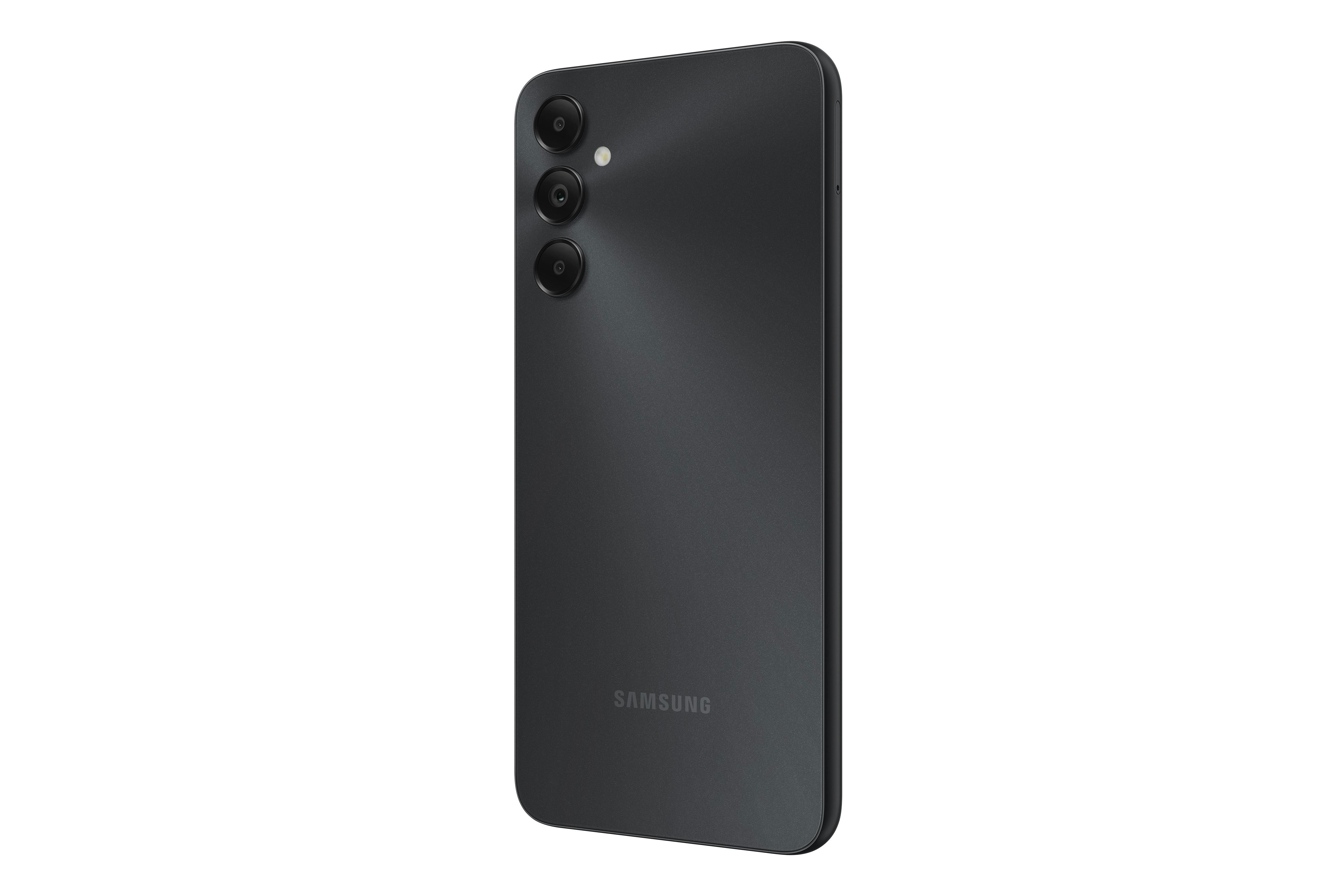 Rückansicht eines schwarzen Smartphones mit drei Kameralinsen und dem Samsung-Logo.