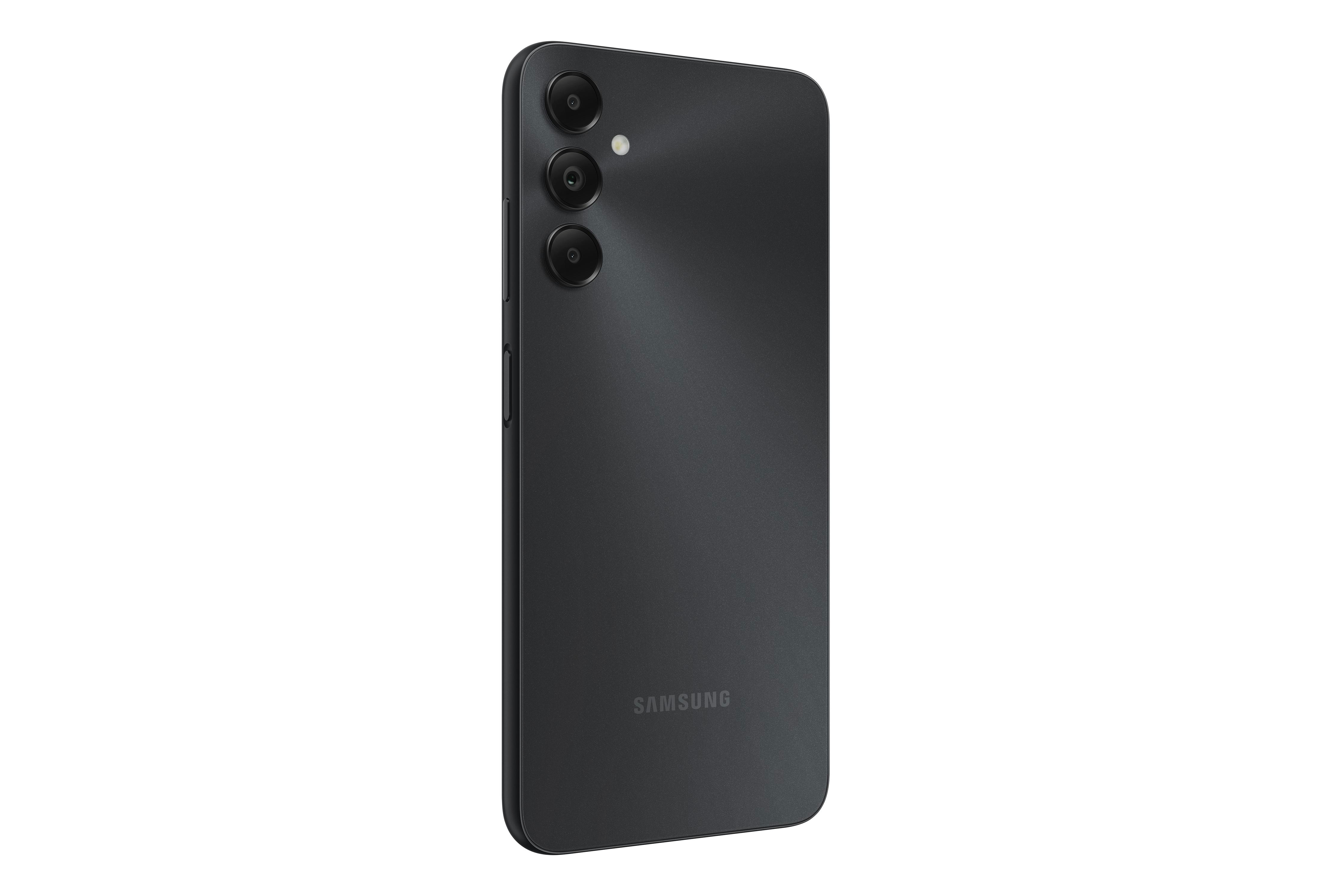Schwarze Smartphone-Rückseite mit Kameras, Blitz und Samsung-Logo.