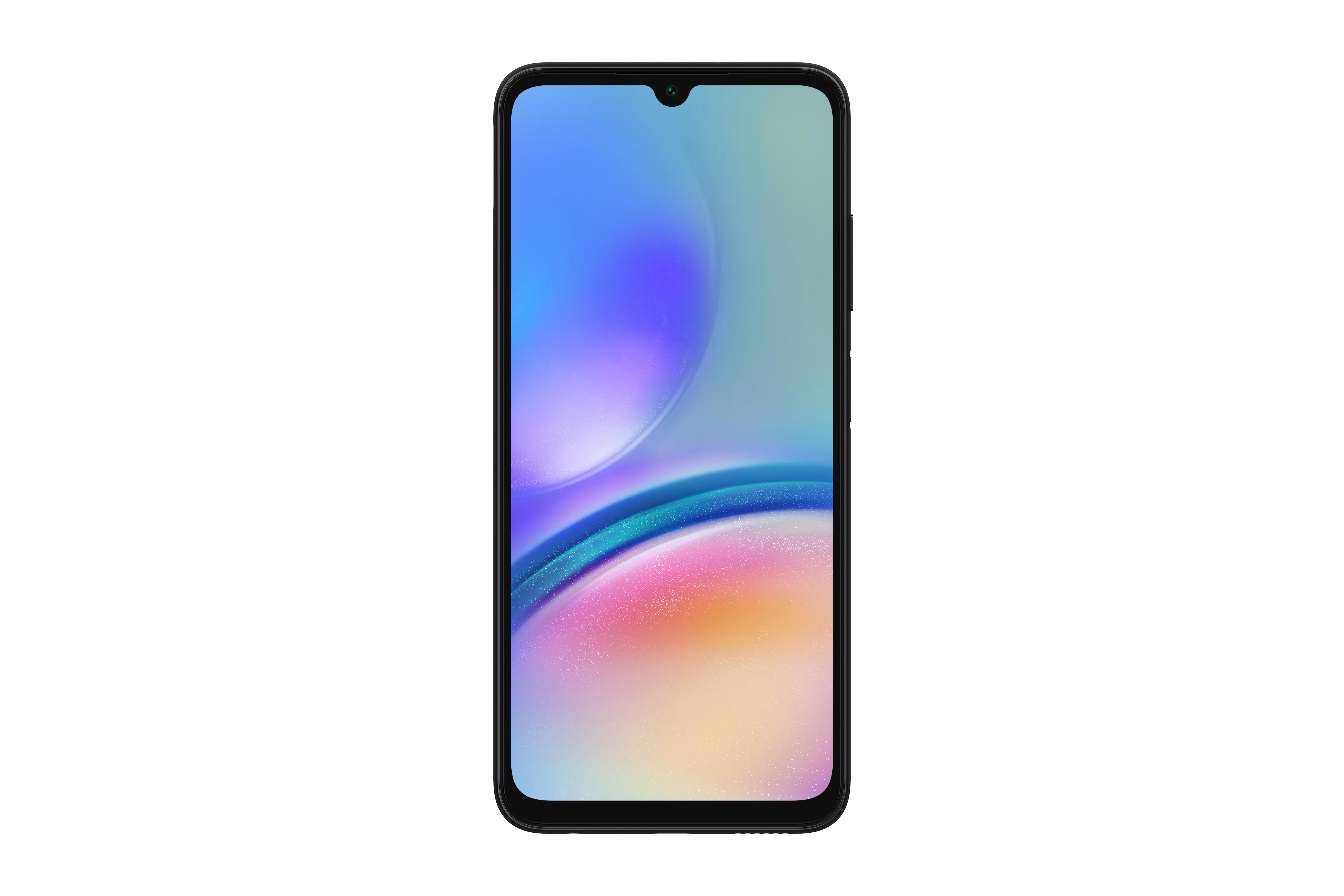 Schwarzes Smartphone mit farbenfrohem Bildschirm, der ein Gradientendesign zeigt.