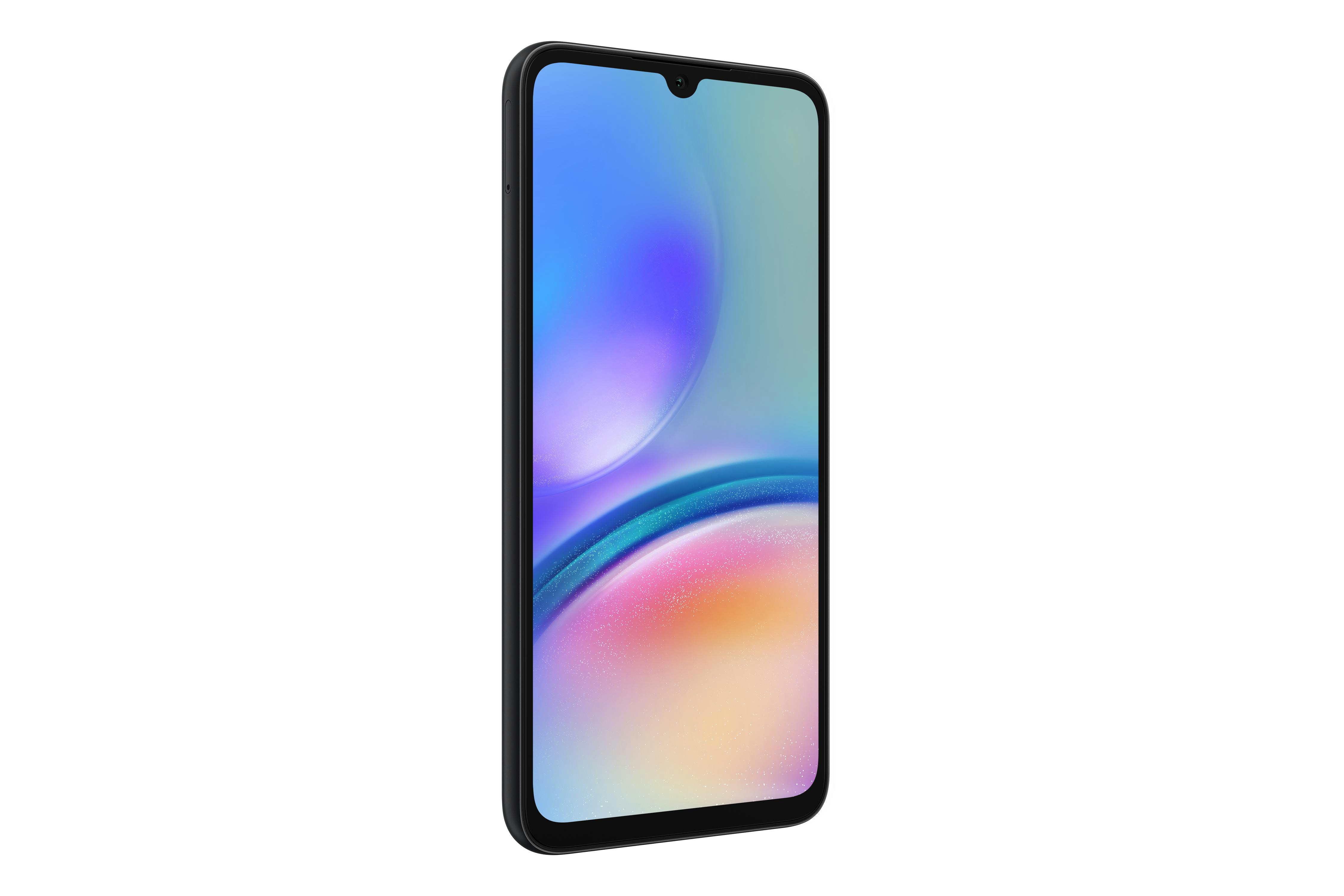 Schwarzes Smartphone mit farbenfrohem Bildschirm, der ein Gradientendesign zeigt.