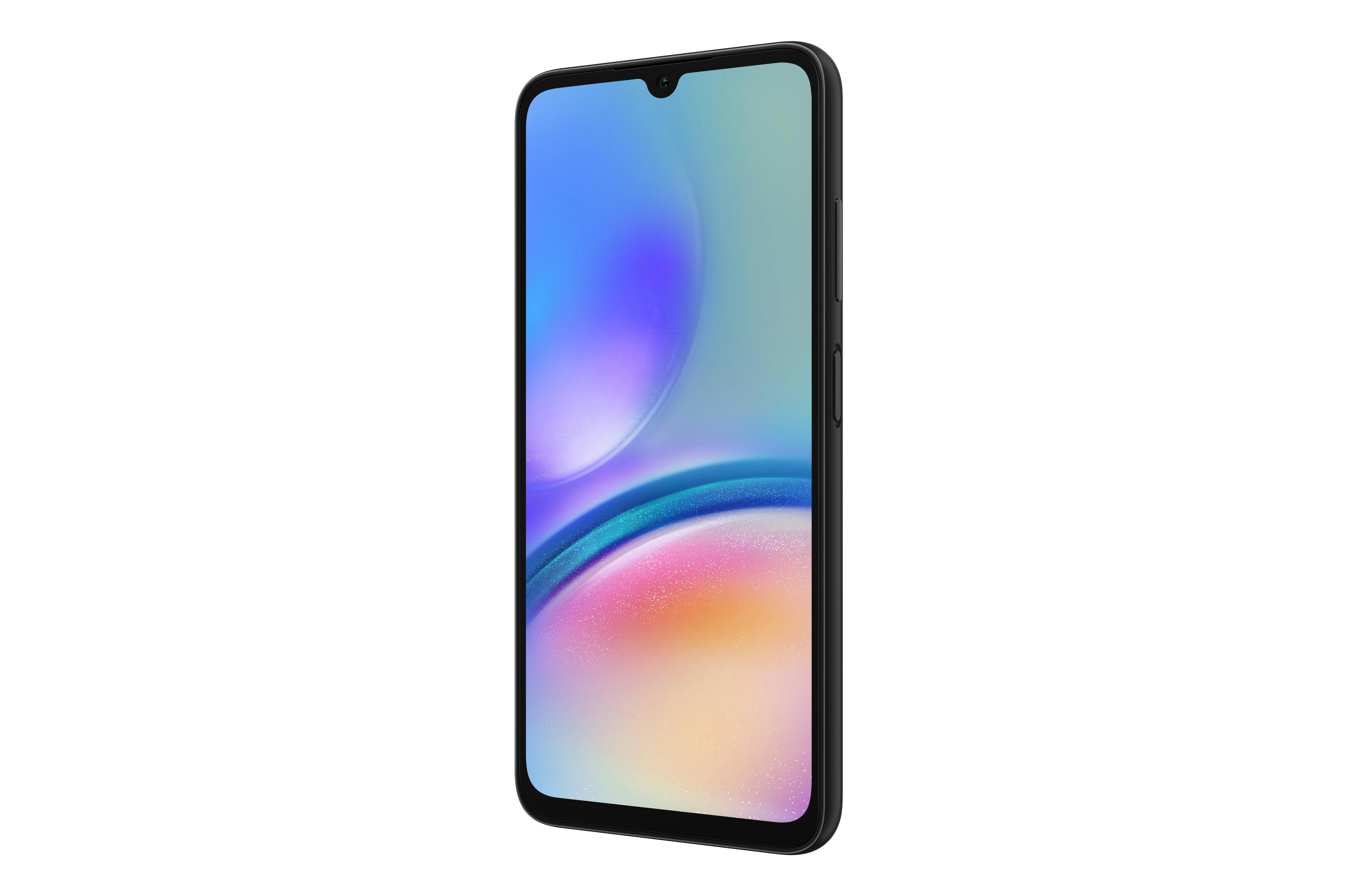 Ein schwarzes Smartphone auf weißem Hintergrund, von der Seite gesehen, mit farbenfrohem Bildschirm.