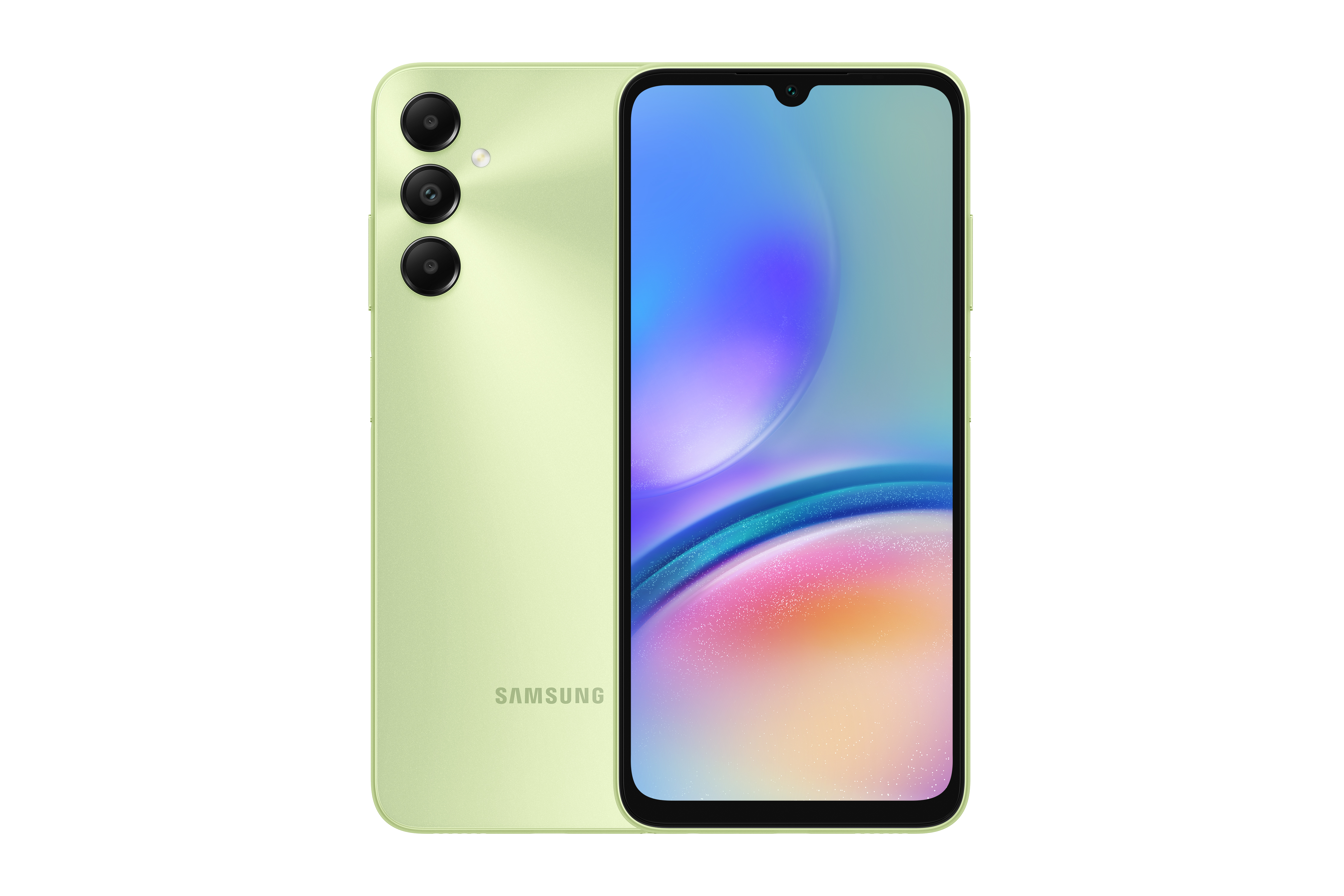 Grünes Samsung-Handy mit drei Rückkameras. Der Bildschirm zeigt farbenfrohe Gradientenformen.