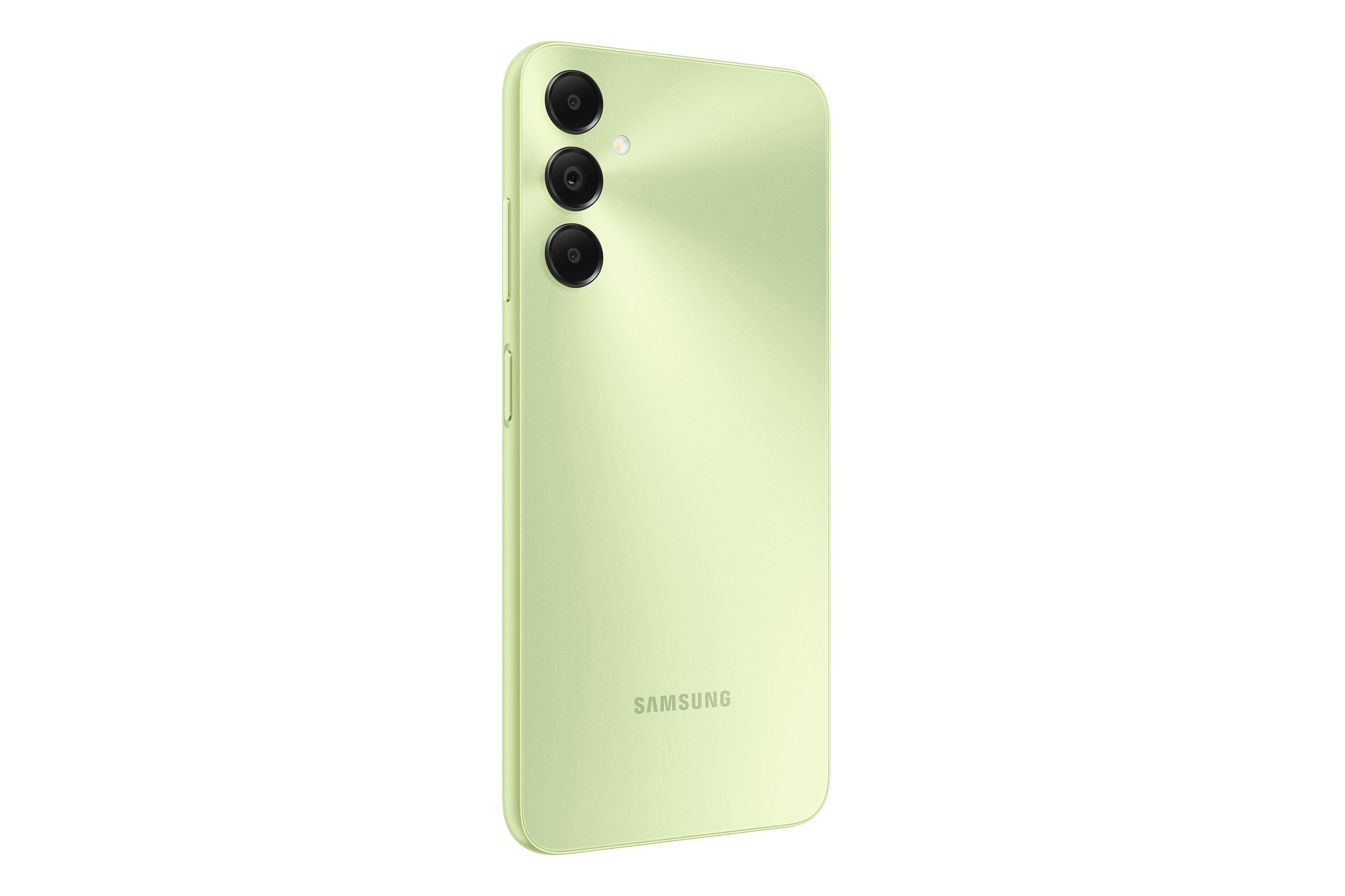 Grünes Smartphone, Rückansicht, mit drei Kameras und Samsung-Logo.