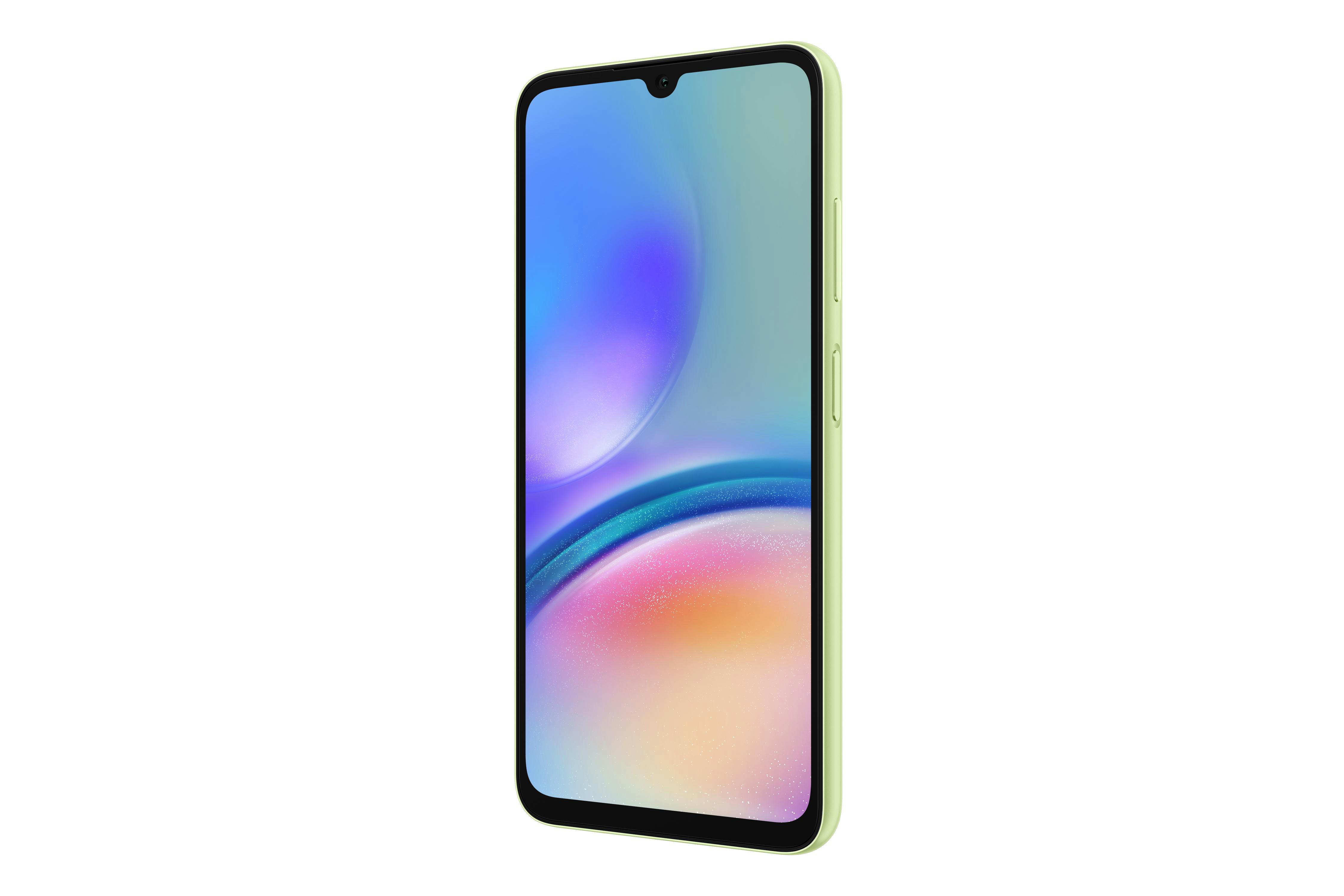 Ein hellgrünes Smartphone mit farbenfrohem Bildschirm, das ein abstraktes Design zeigt.