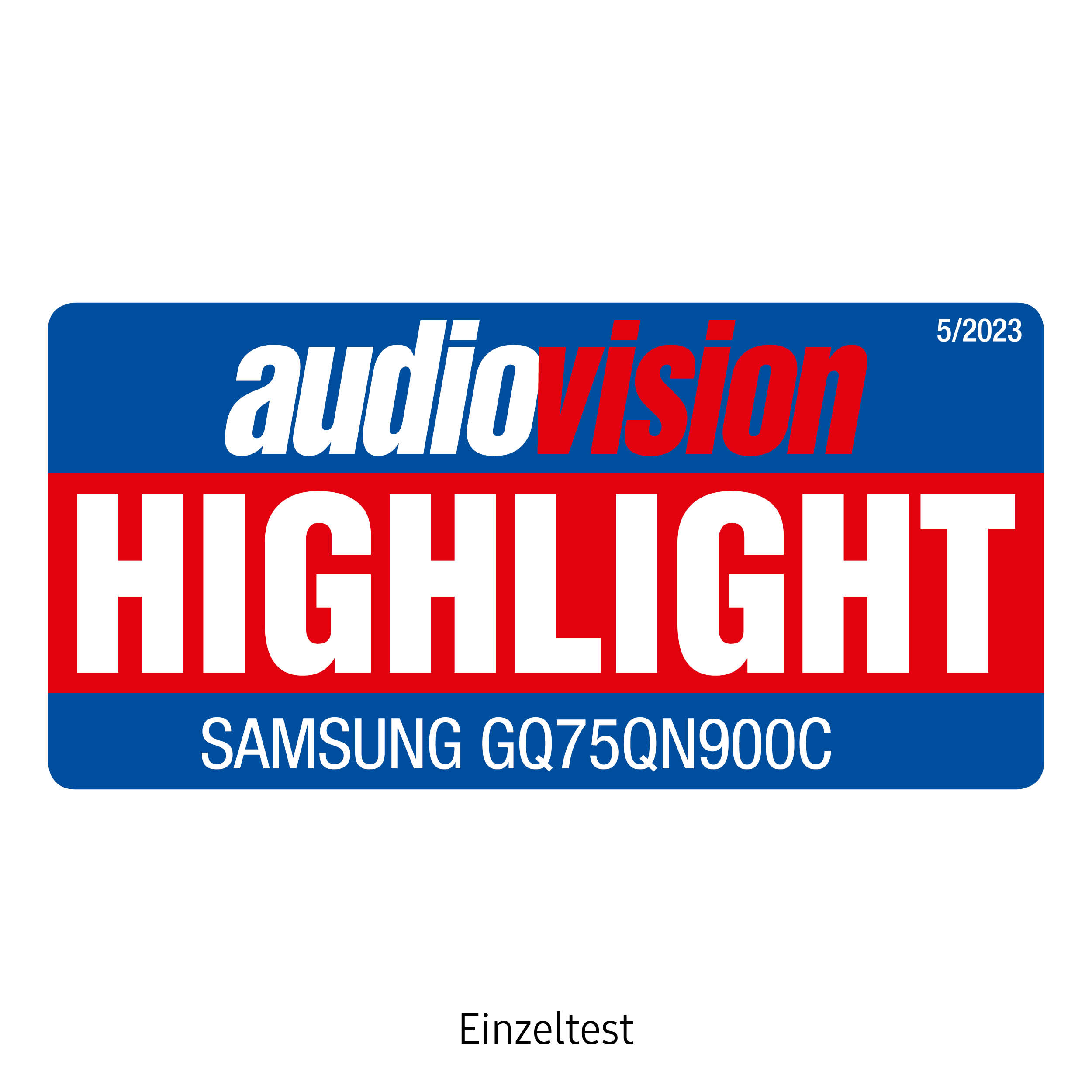 Ein blau-roter 'audiovision HIGHLIGHT'-Aufkleber für einen Samsung-Fernseher.