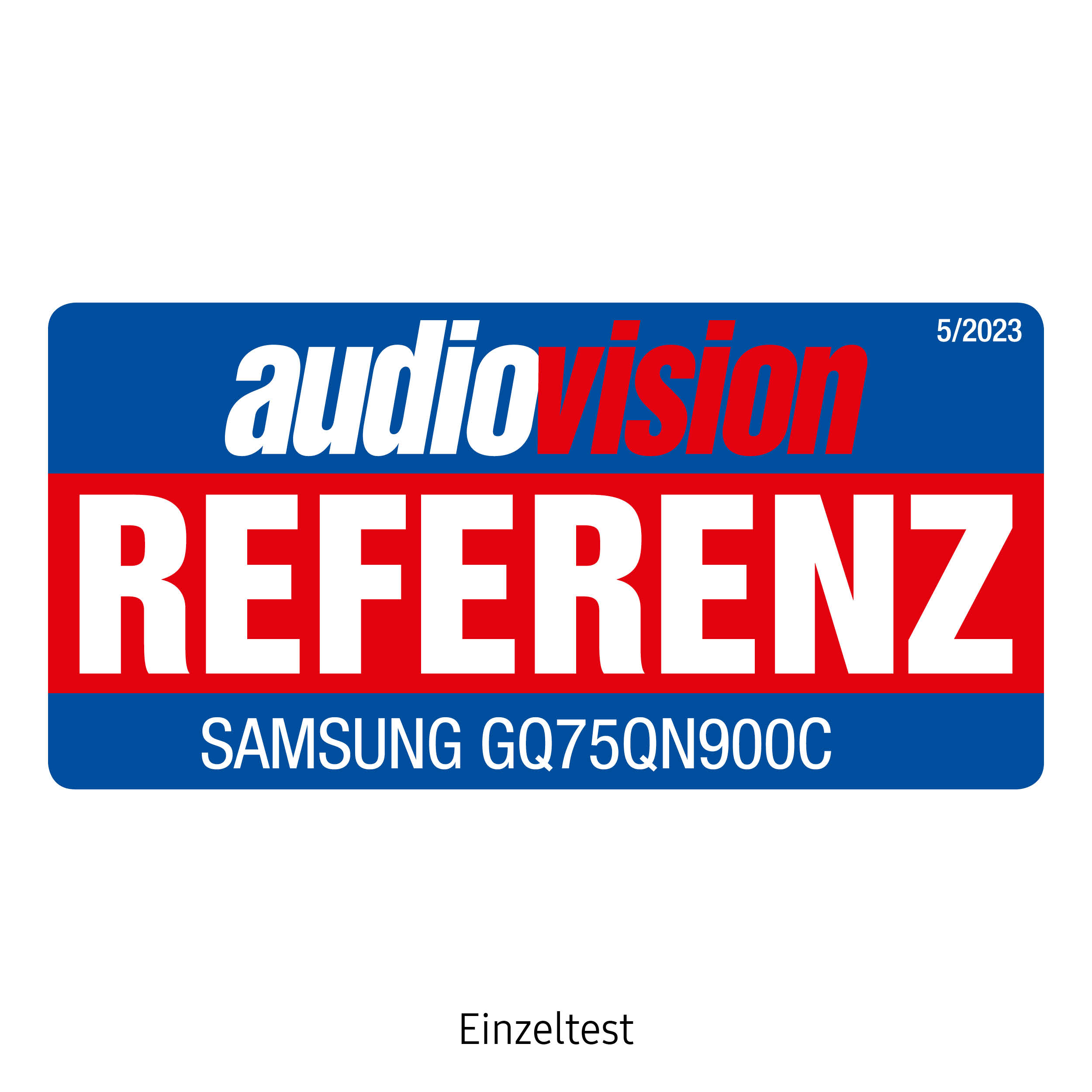 Ein blau-weißes Rechteck mit 'audiovision REFERENZ' in Rot und Weiß und einem Datum.