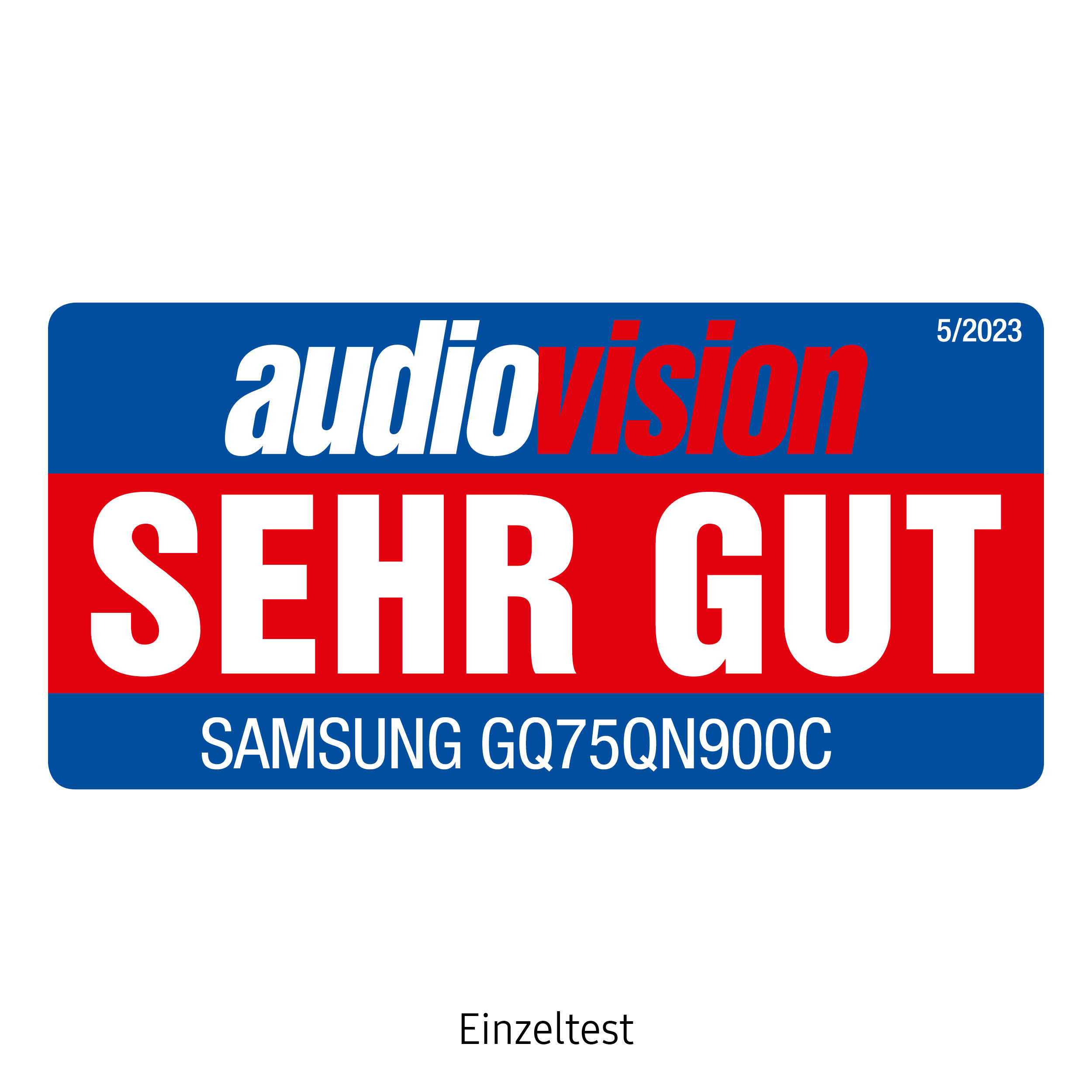 Aufkleber mit 'audio vision' und 'SEHR GUT'. Samsung GQ75QN900C wird erwähnt.