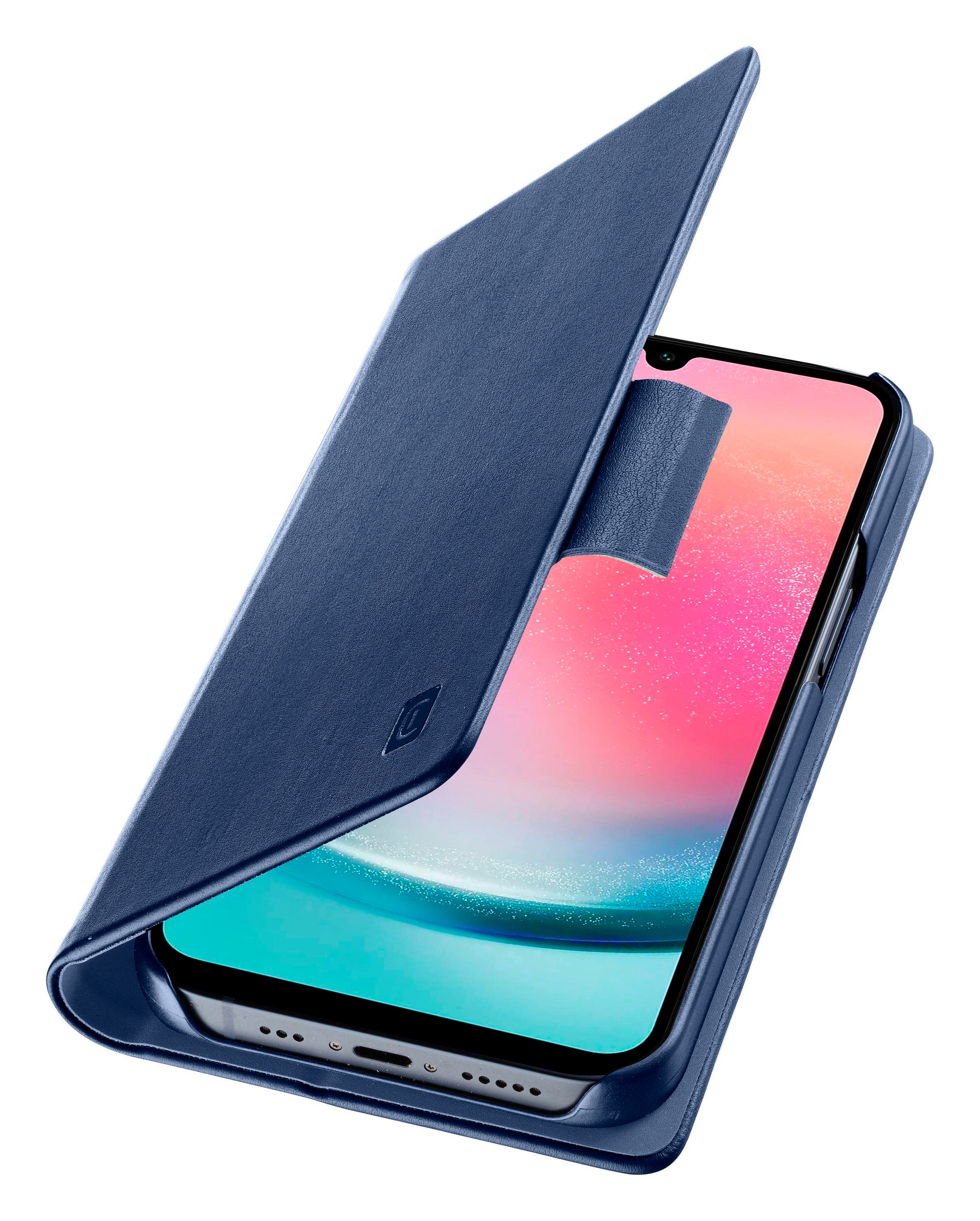 Eine blaue Handyhülle mit Telefon. Der Telefonbildschirm ist sichtbar.