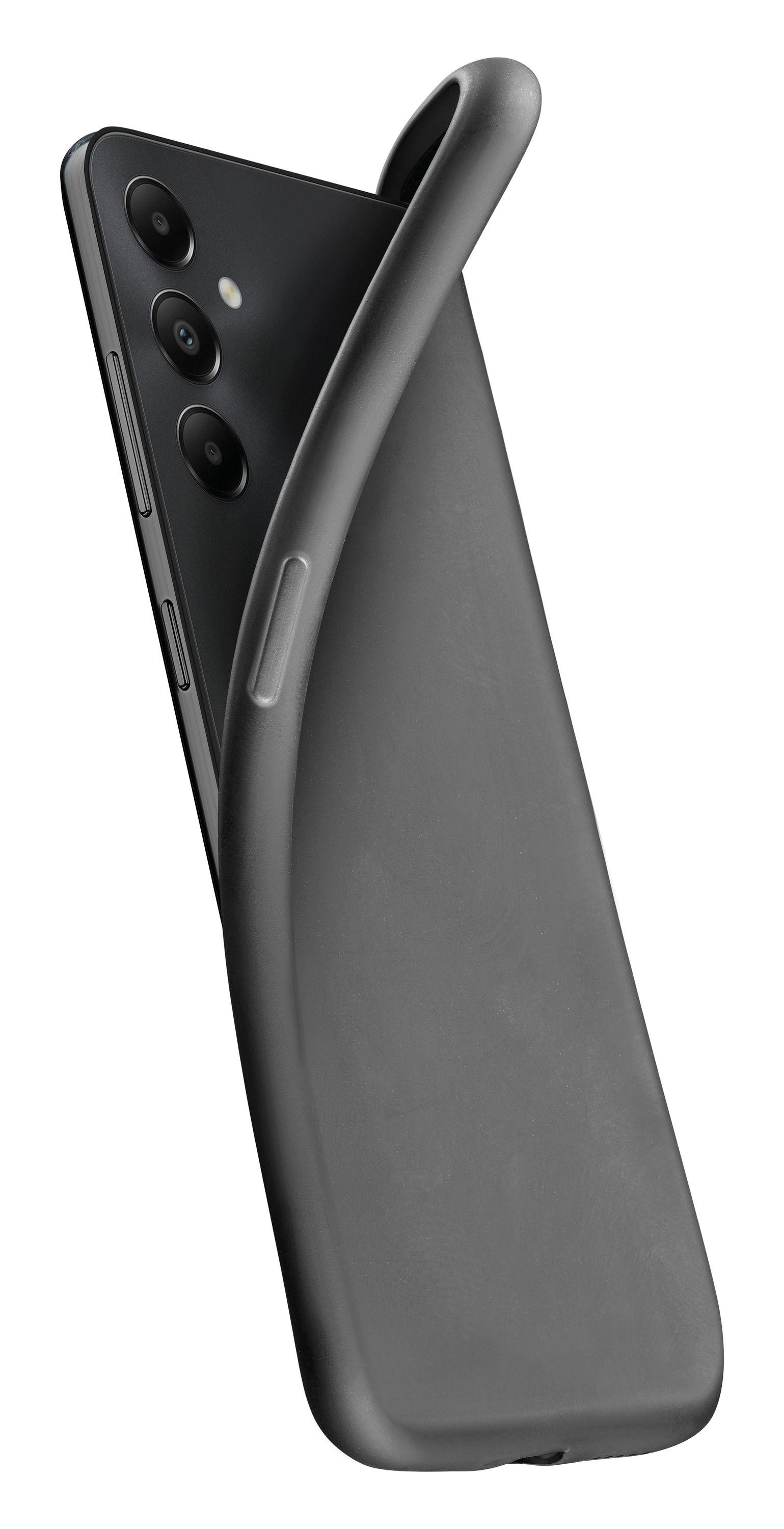 Schwarzes Smartphone, Rückseite mit Kameralinsen, bedeckt von einer grauen Hülle.