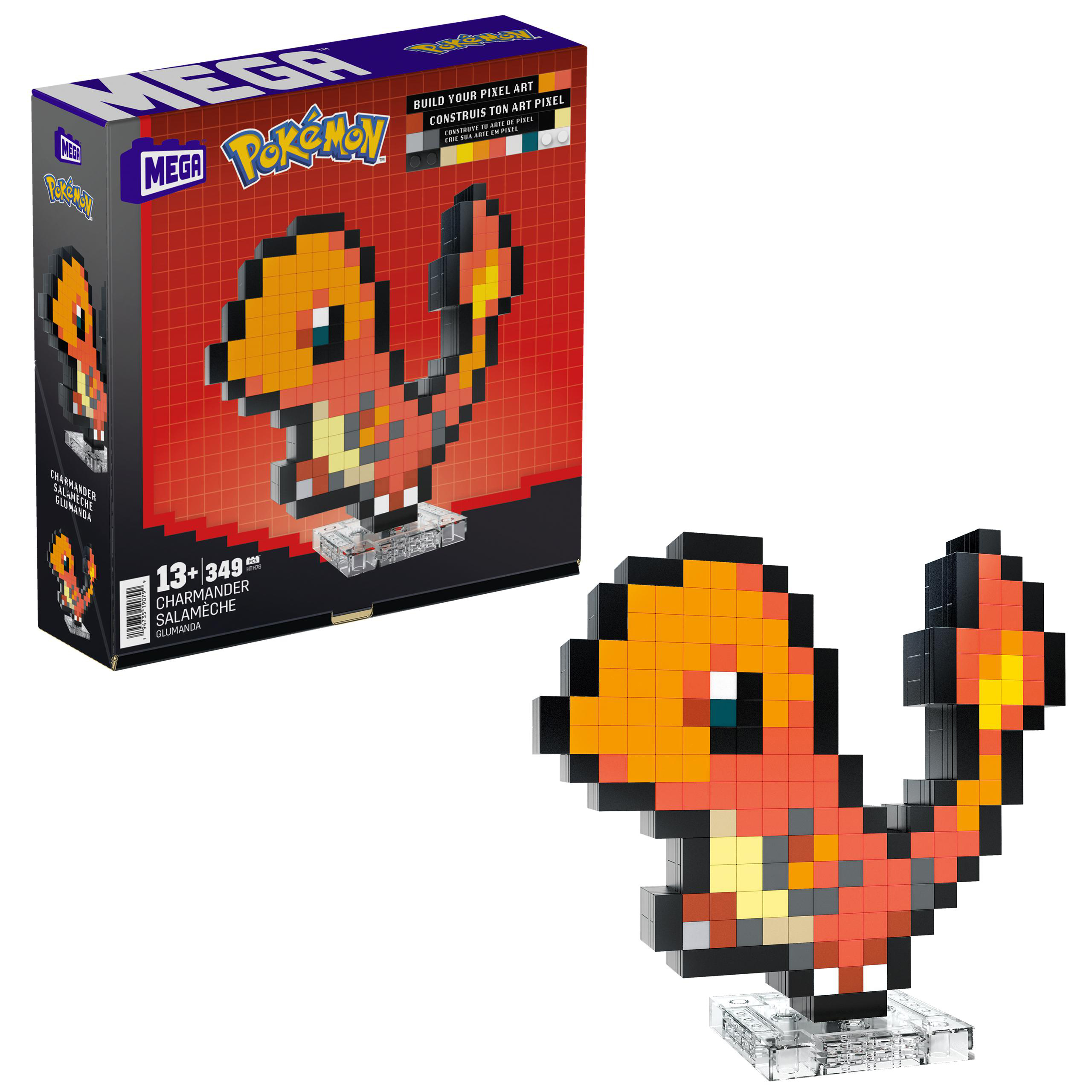 Pixel-Art-Box-Set eines Charmander-Pokémon. Die Figur ist orange und gelb.