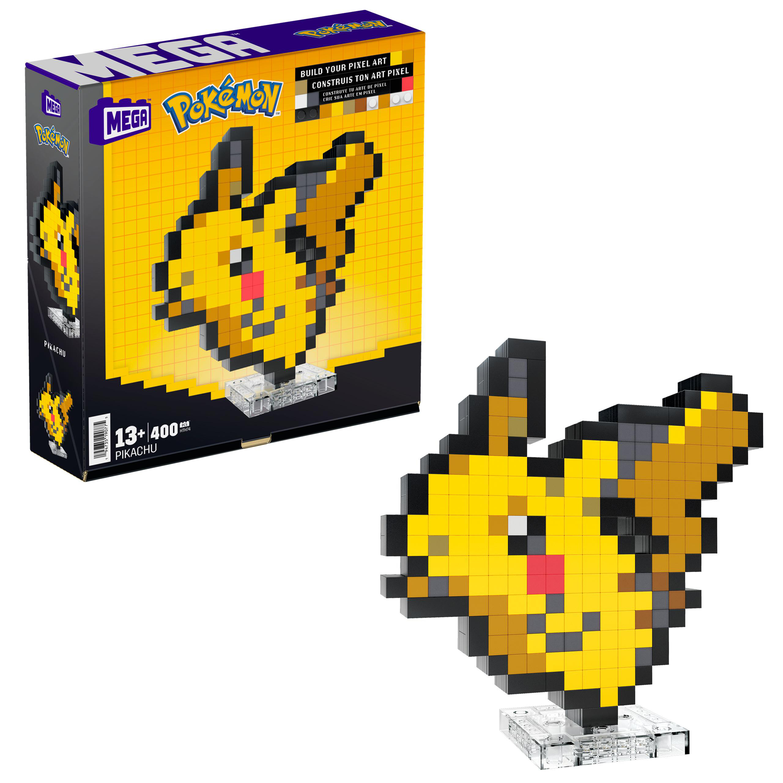 Eine Pikachu-Figur aus Blöcken neben einer Box mit dem gleichen Bild.