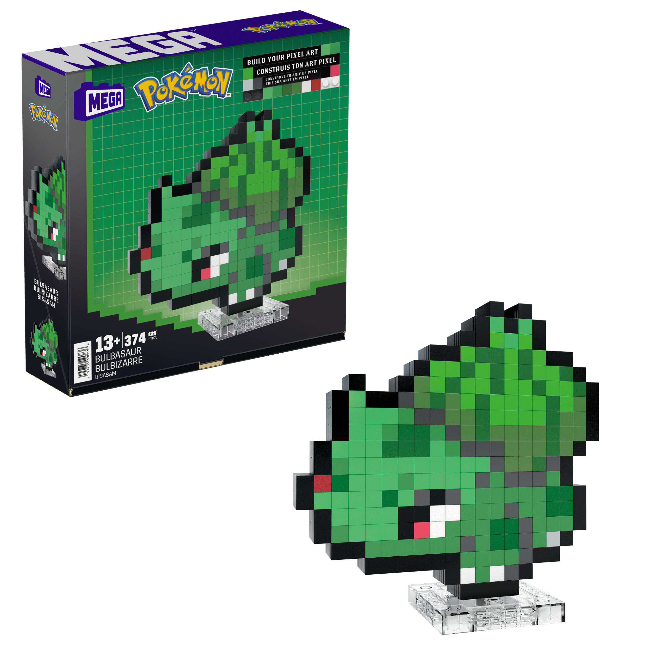 Ein Pixel-Art-Bulbasaur-Modell auf einem Ständer, mit einer Box des Spielzeugs. Der Hintergrund ist weiß.