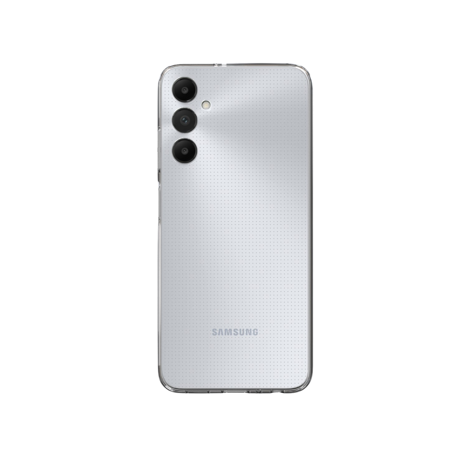 Rückansicht eines silbernen Smartphones. Drei Kameras und ein Blitz sind sichtbar. Samsung-Logo unten.