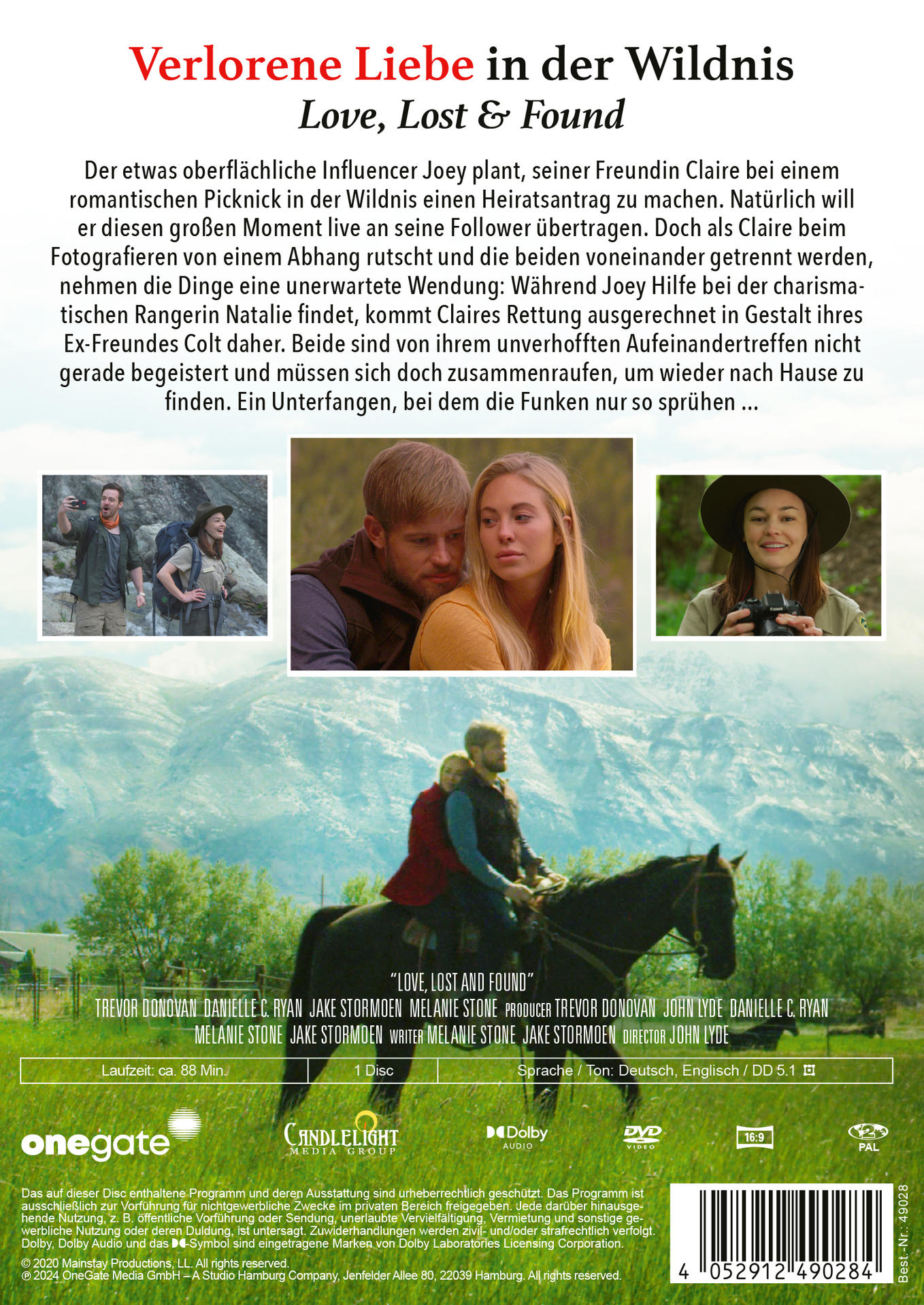 Filmcover für Love, Lost & Found. Zeigt Schauspieler, ein Pferd und Textüberlagerung.