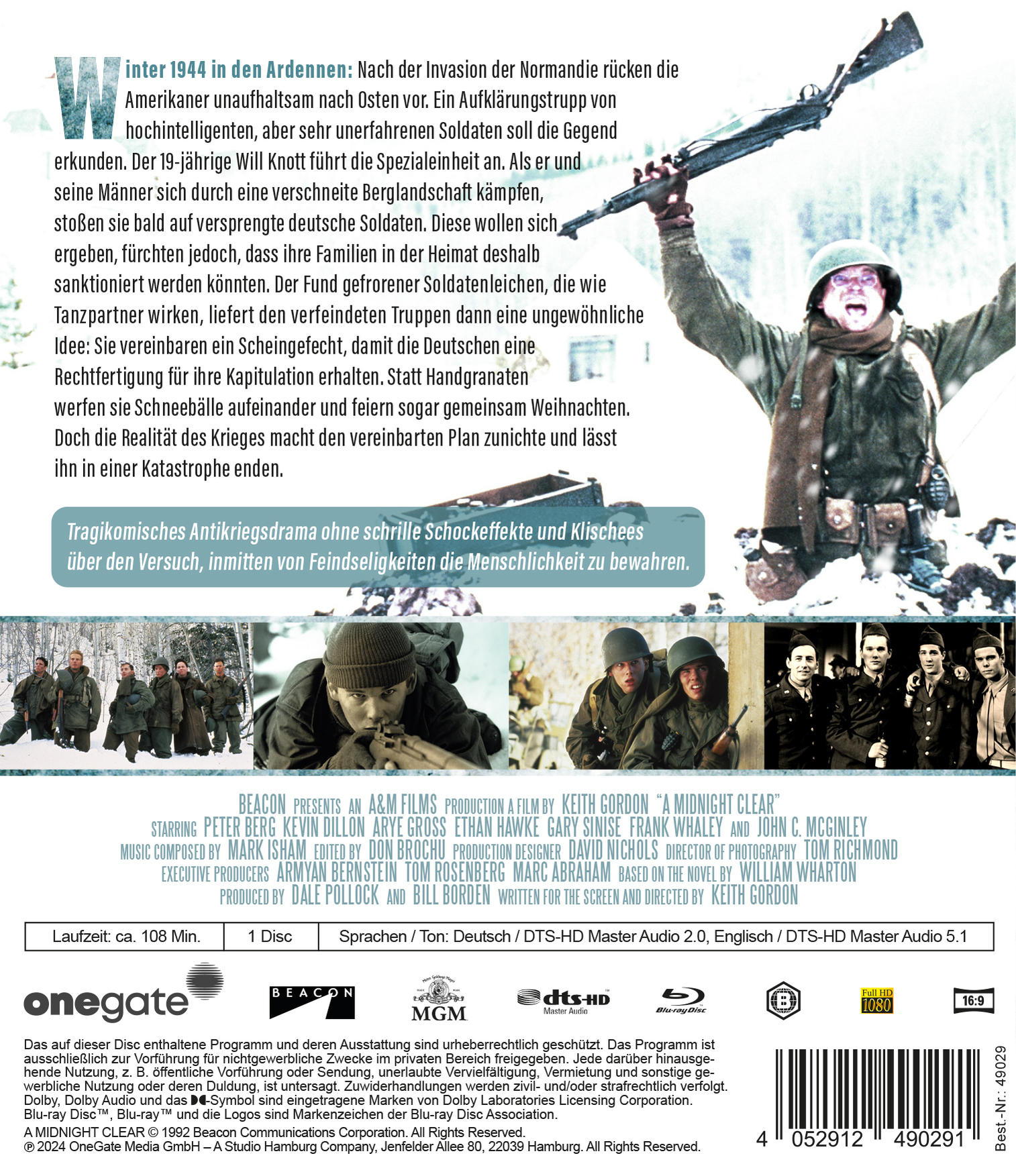 Filmcover, s/w Kriegsszene, Soldaten, Text auf Deutsch, Details der Rückseite.