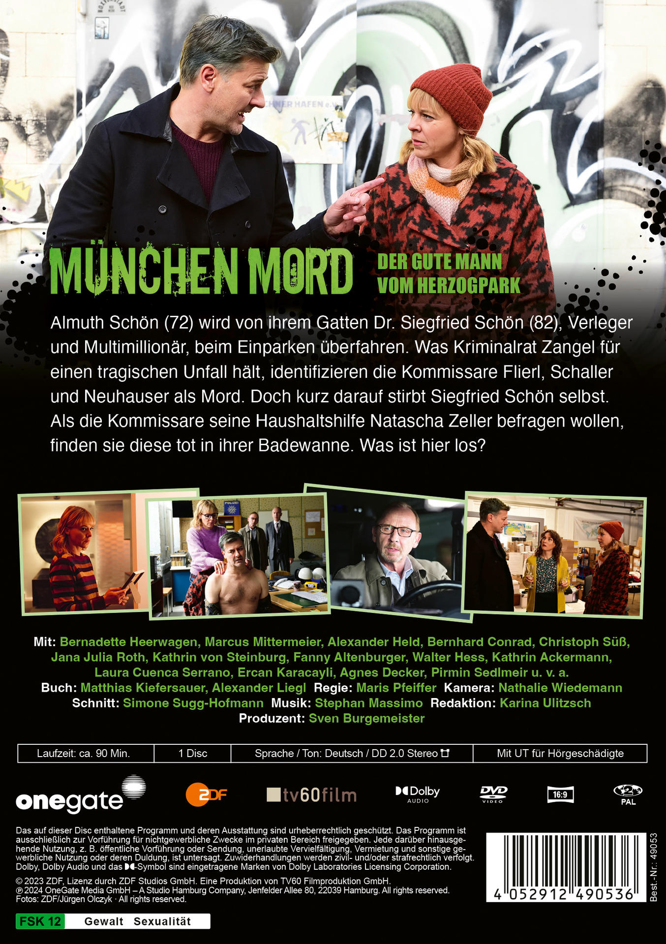 Ein DVD-Cover für 'Munchen Mord'. Zwei Personen unterhalten sich. Auf der Rückseite Fotos aus dem Film.