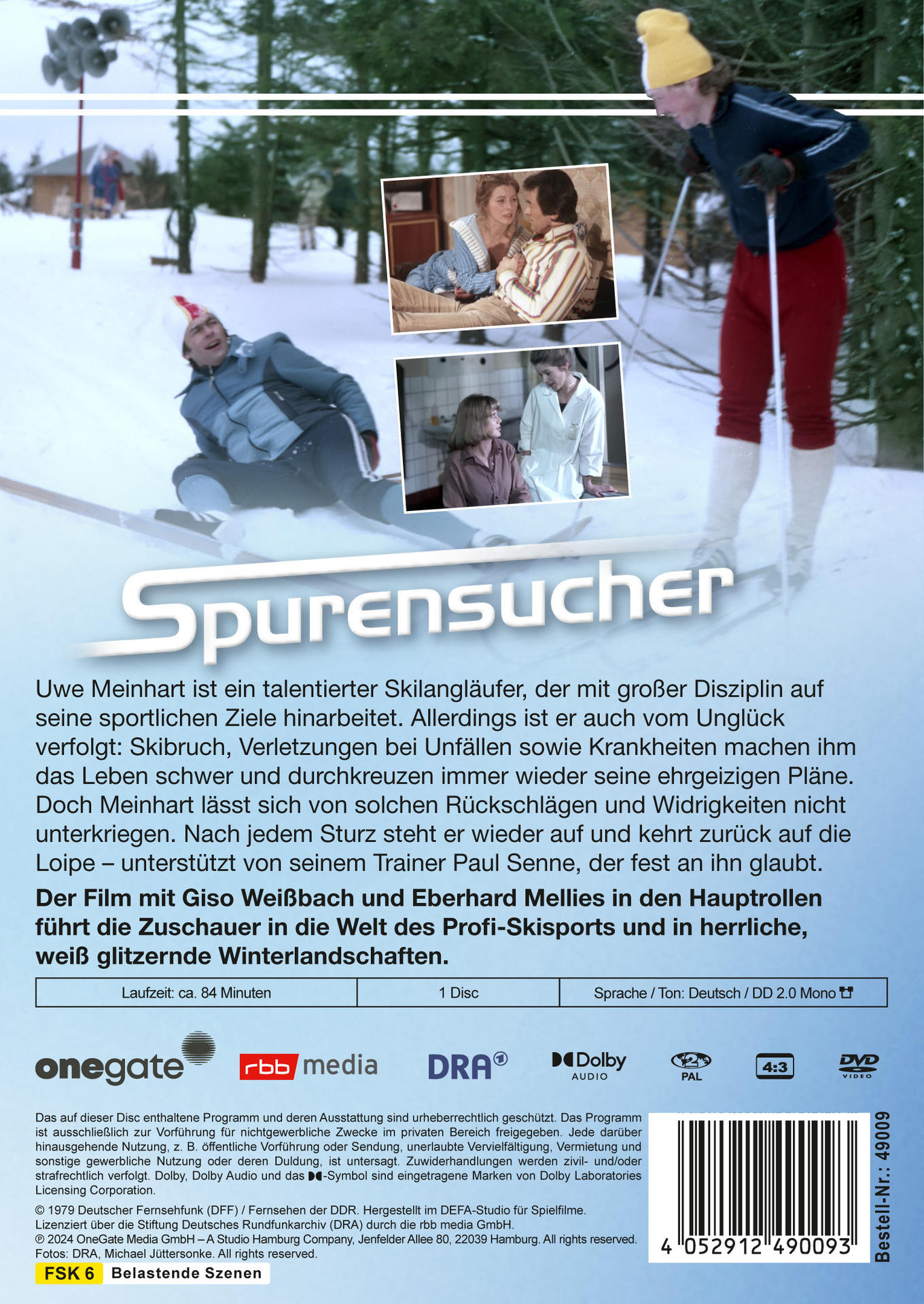 DVD-Rückseite mit Text über einen Skifilm und kleinen Fotos von Szenen.