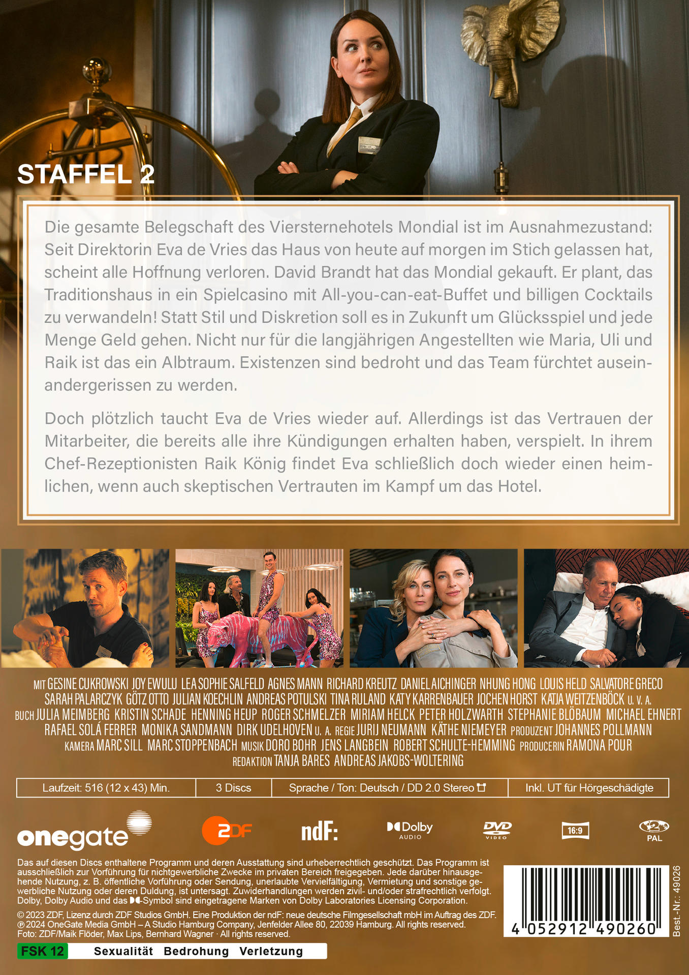 DVD-Cover für eine deutsche Fernsehserie. Es zeigt Fotos der Besetzung und Text auf Deutsch, mit einem Hotelhintergrund.
