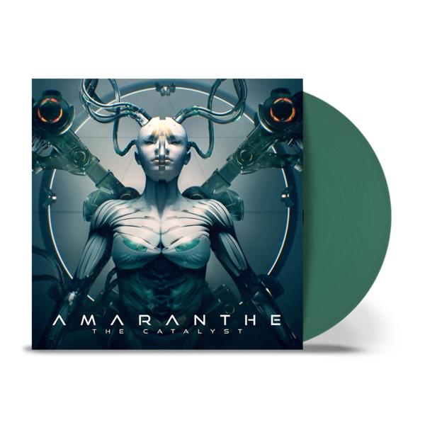 Album borító: Amaranthe, 'The Catalyst', zöld bakelit lemez. Sci-fi női figura a borítón, mechanikus elemek.