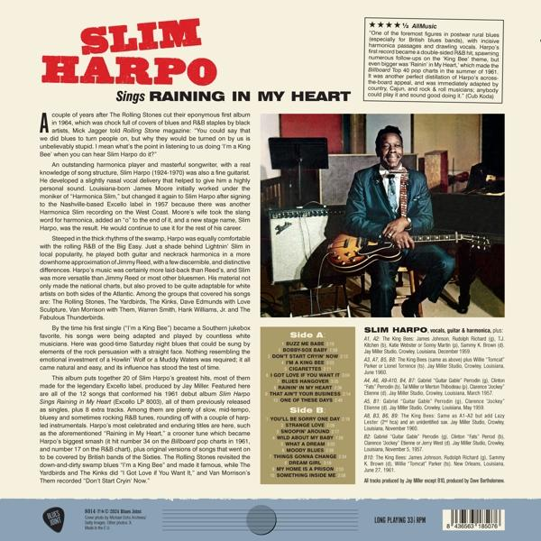 Slim Harpo "Sings Raining in My Heart" című albumának borítója, a művész fotójával és szövegével.