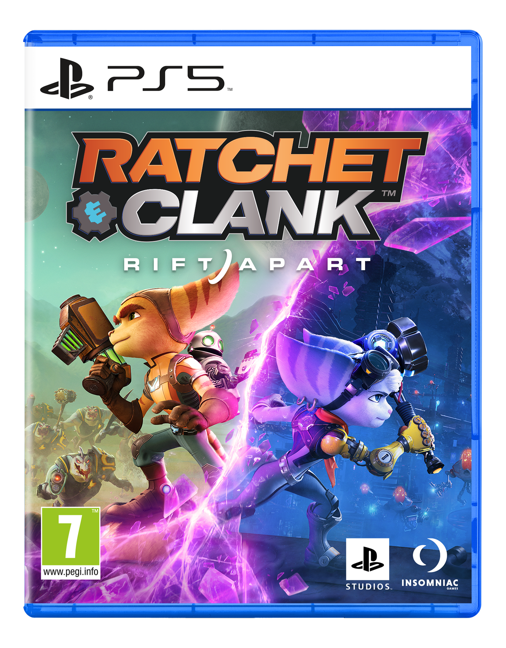 PS5-Spielcover: Ratchet & Clank: Rift Apart, mit zwei Charakteren in Aktion, mit farbenfrohem Hintergrund.